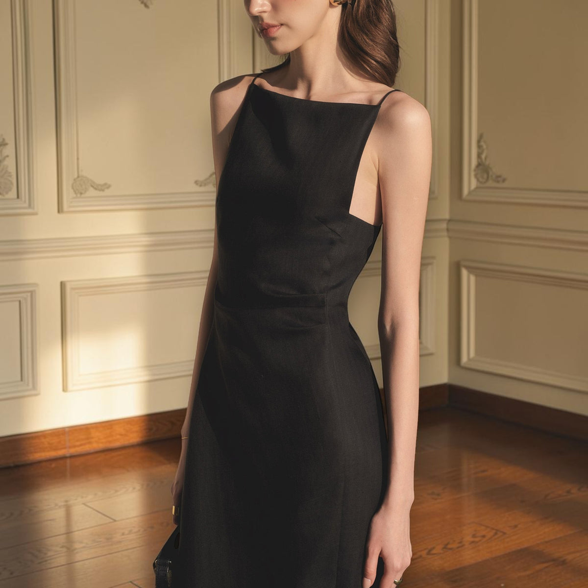 Square Neck Linen Maxi Dress, Spaghetti Strap Back Slit