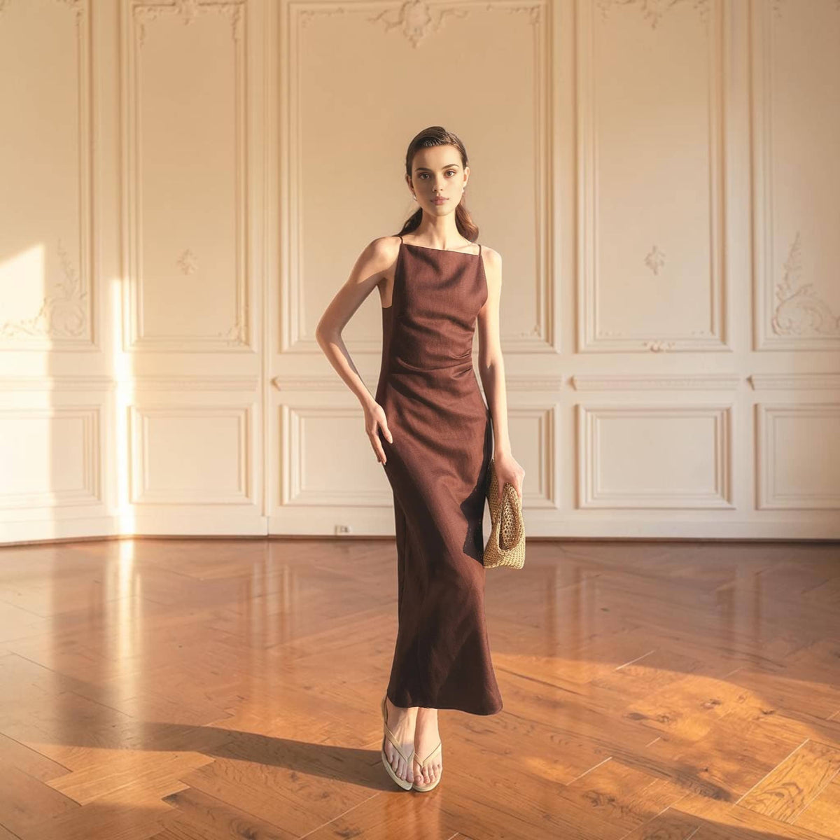 Square Neck Linen Maxi Dress, Spaghetti Strap Back Slit