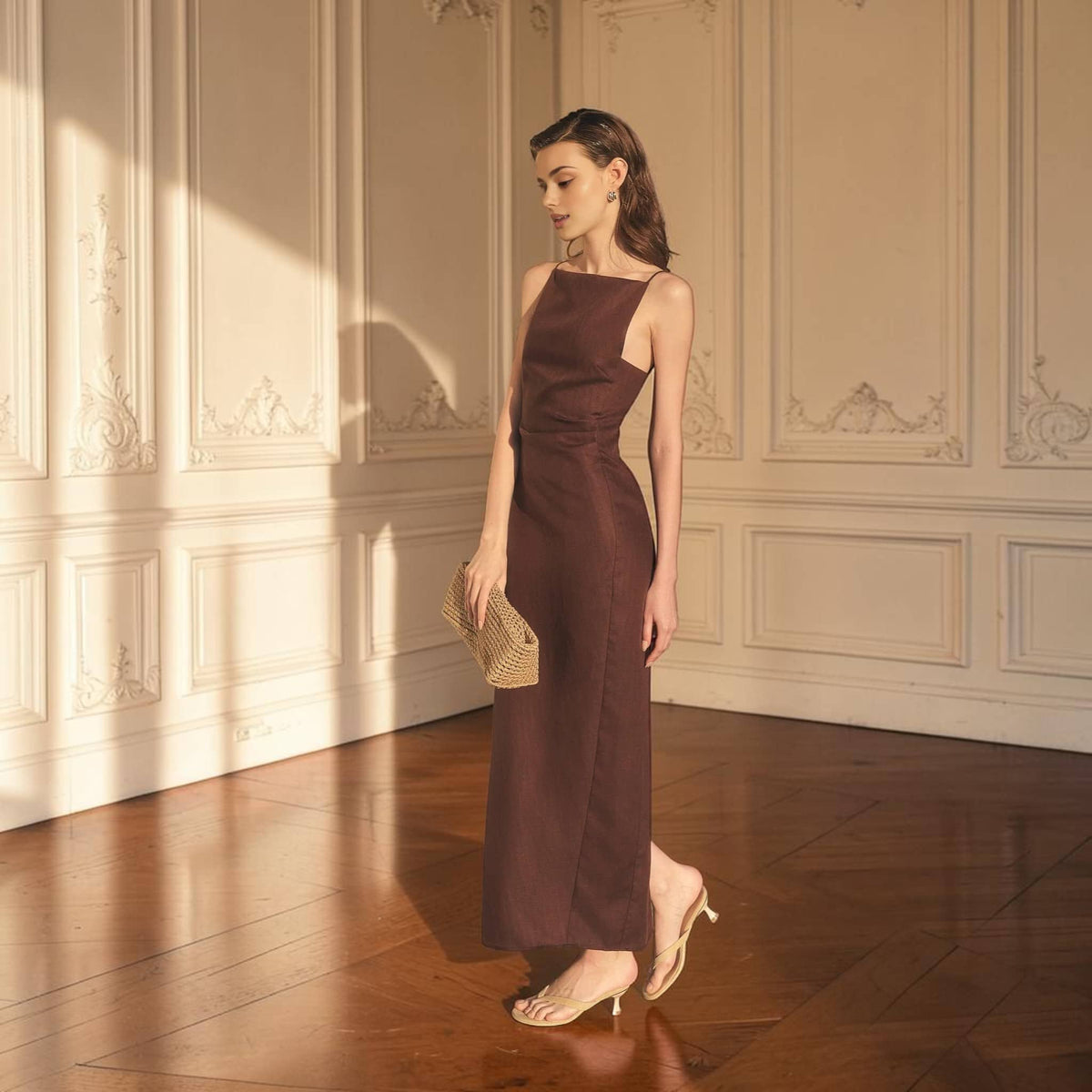 Square Neck Linen Maxi Dress, Spaghetti Strap Back Slit