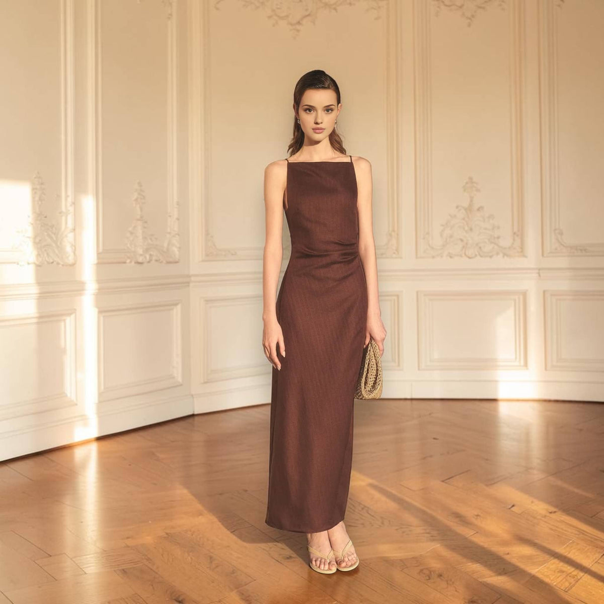 Square Neck Linen Maxi Dress, Spaghetti Strap Back Slit
