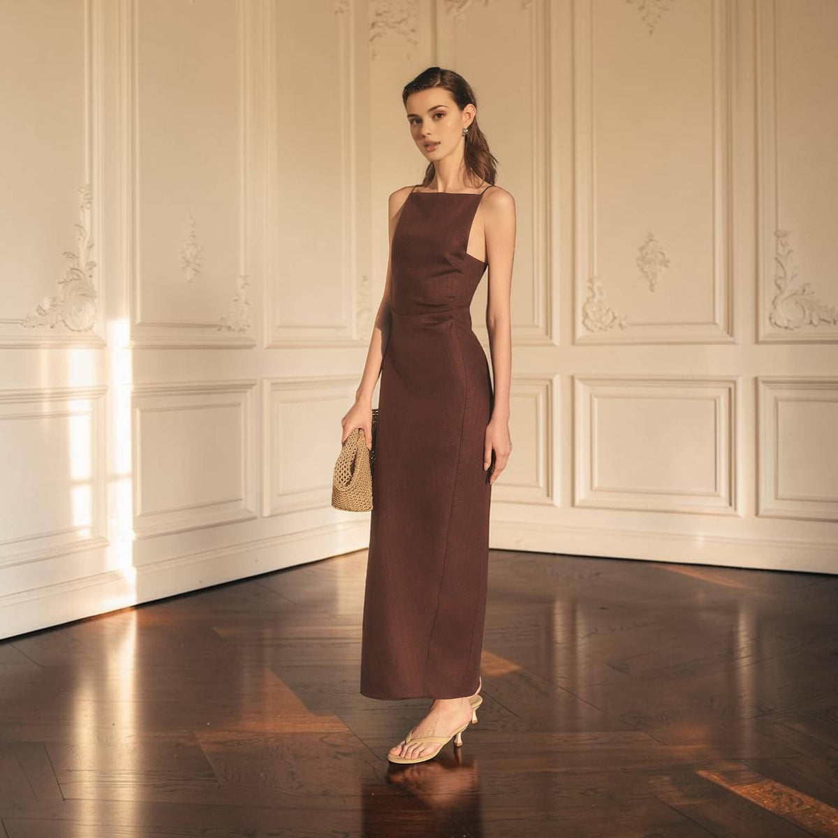 Square Neck Linen Maxi Dress, Spaghetti Strap Back Slit