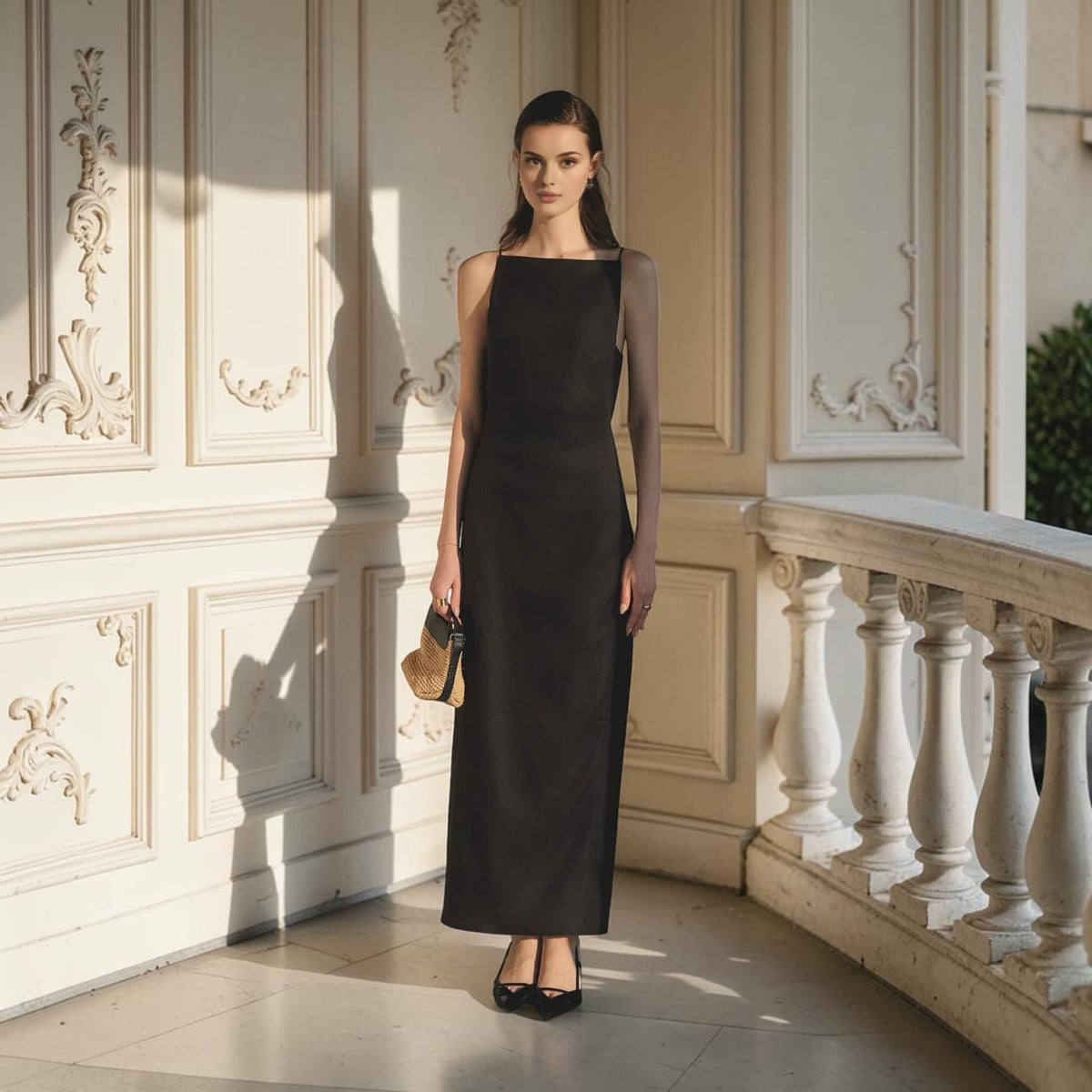 Square Neck Linen Maxi Dress, Spaghetti Strap Back Slit