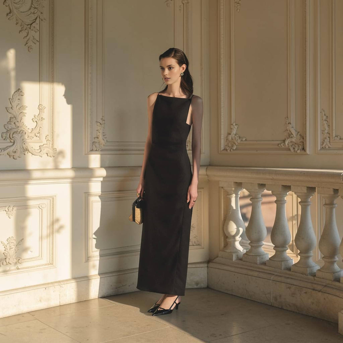 Square Neck Linen Maxi Dress, Spaghetti Strap Back Slit