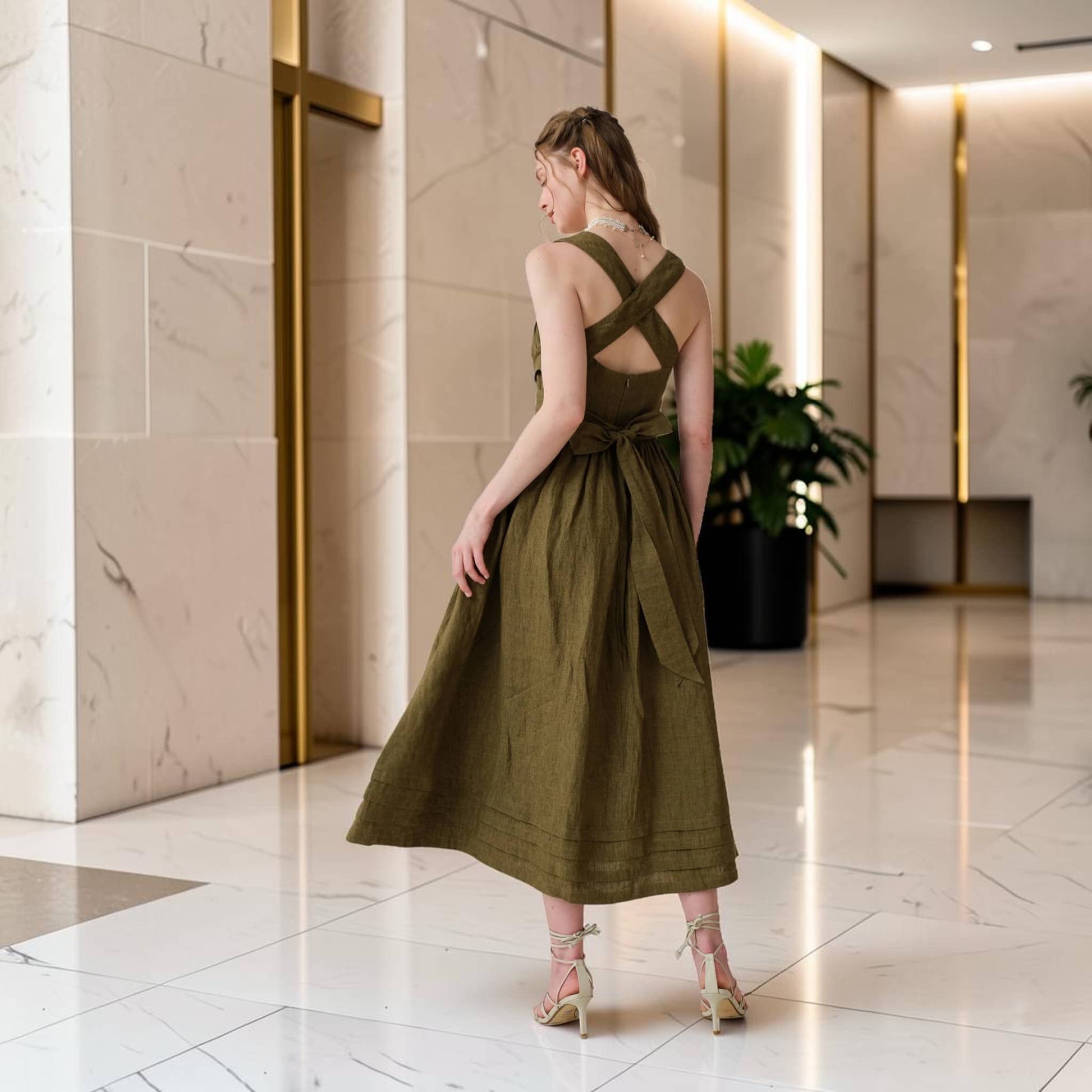 Square-Neck Linen Midi Dress, Cross-Back Tie