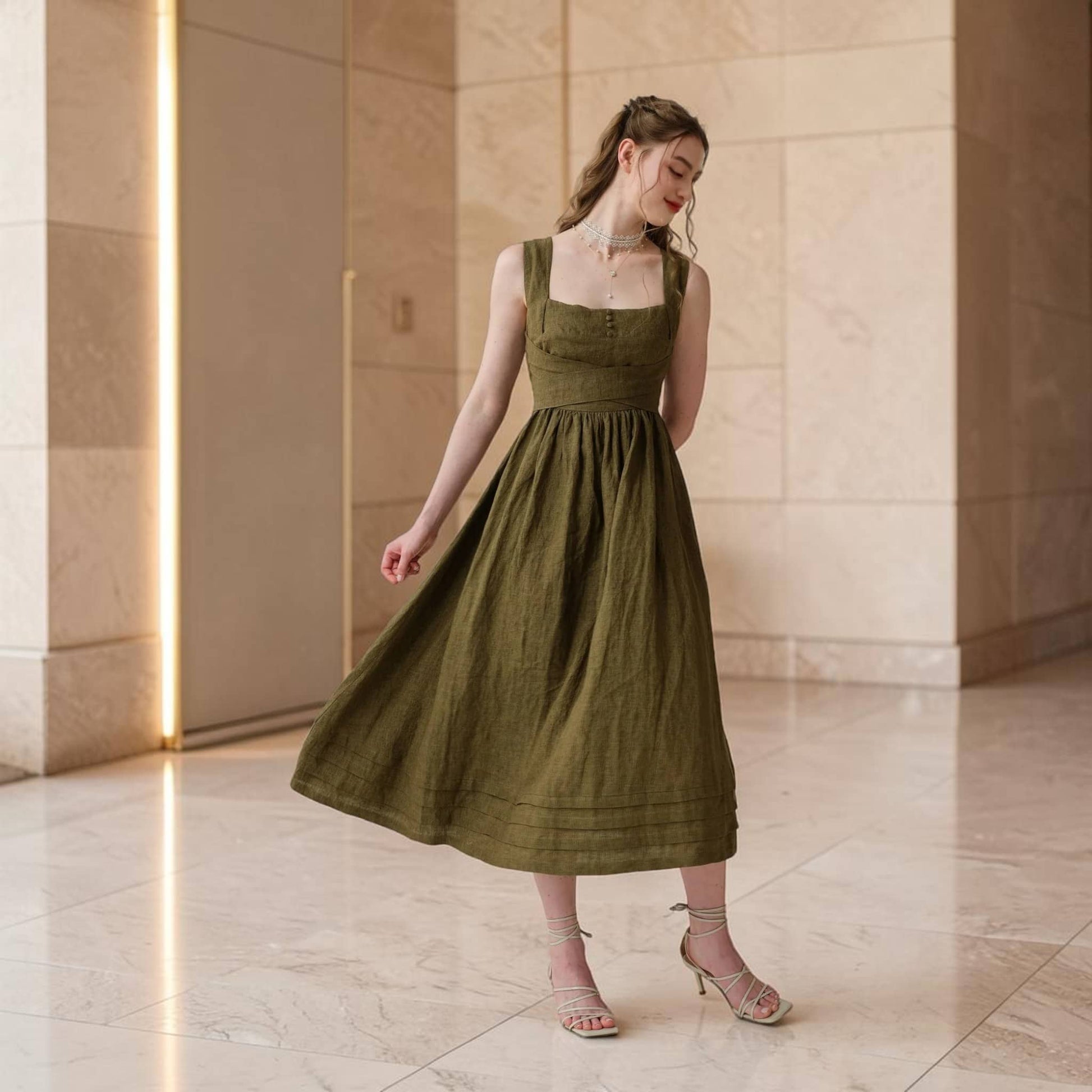Square-Neck Linen Midi Dress, Cross-Back Tie