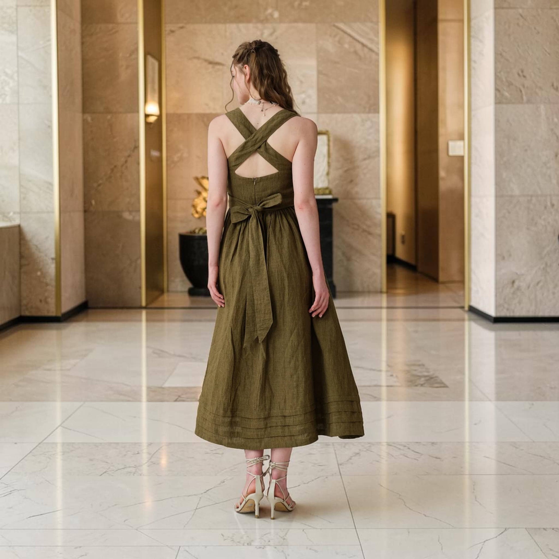 Square-Neck Linen Midi Dress, Cross-Back Tie