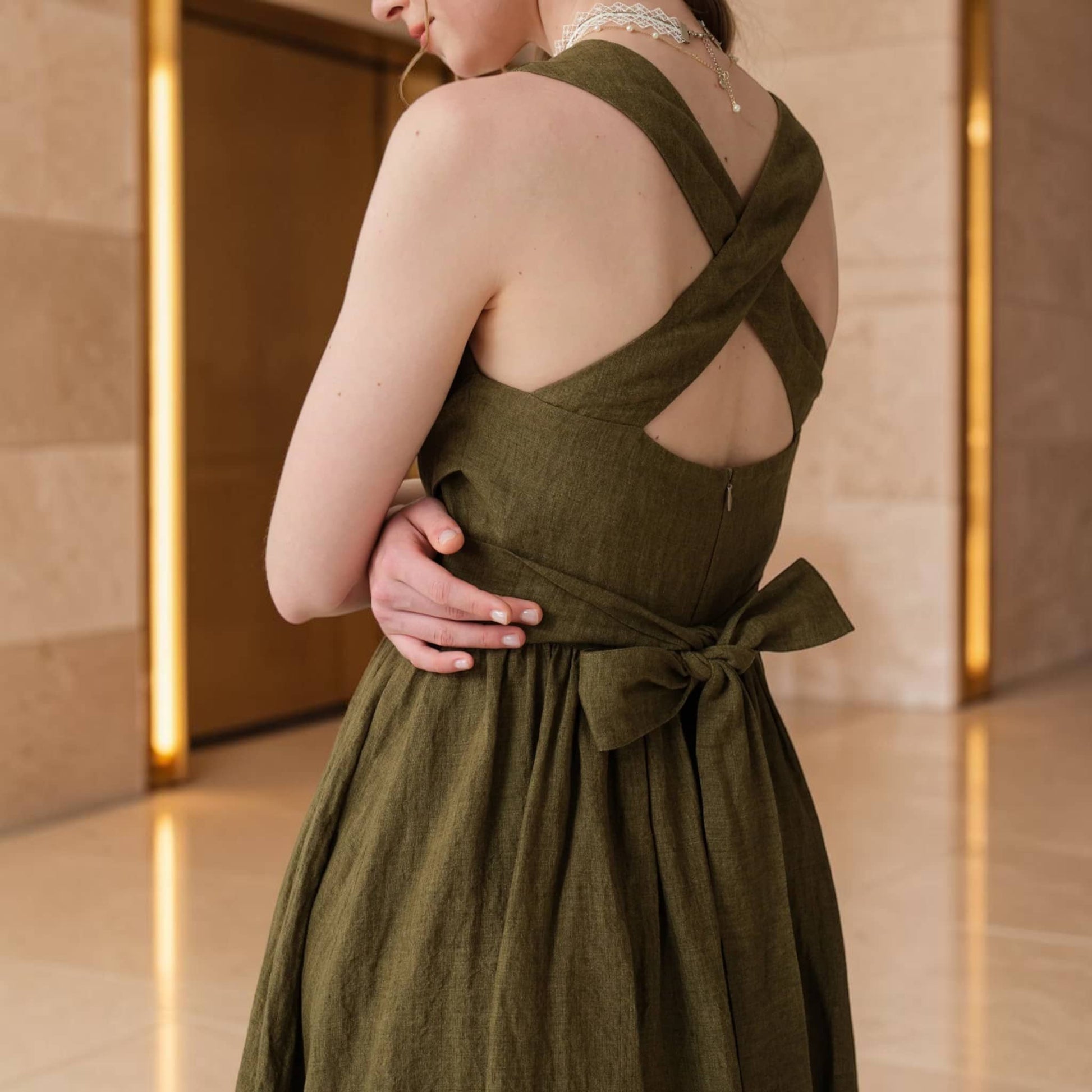 Square-Neck Linen Midi Dress, Cross-Back Tie