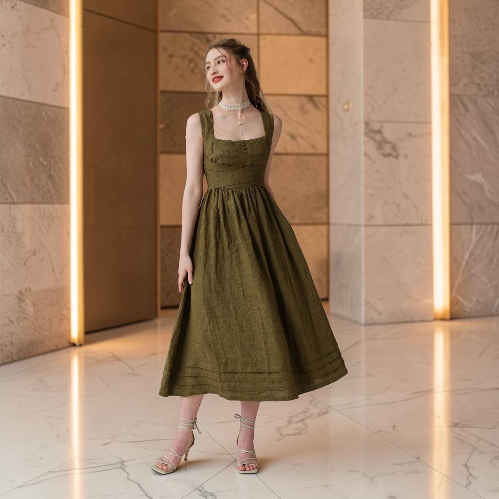 Square-Neck Linen Midi Dress: Perfect for Warm Days