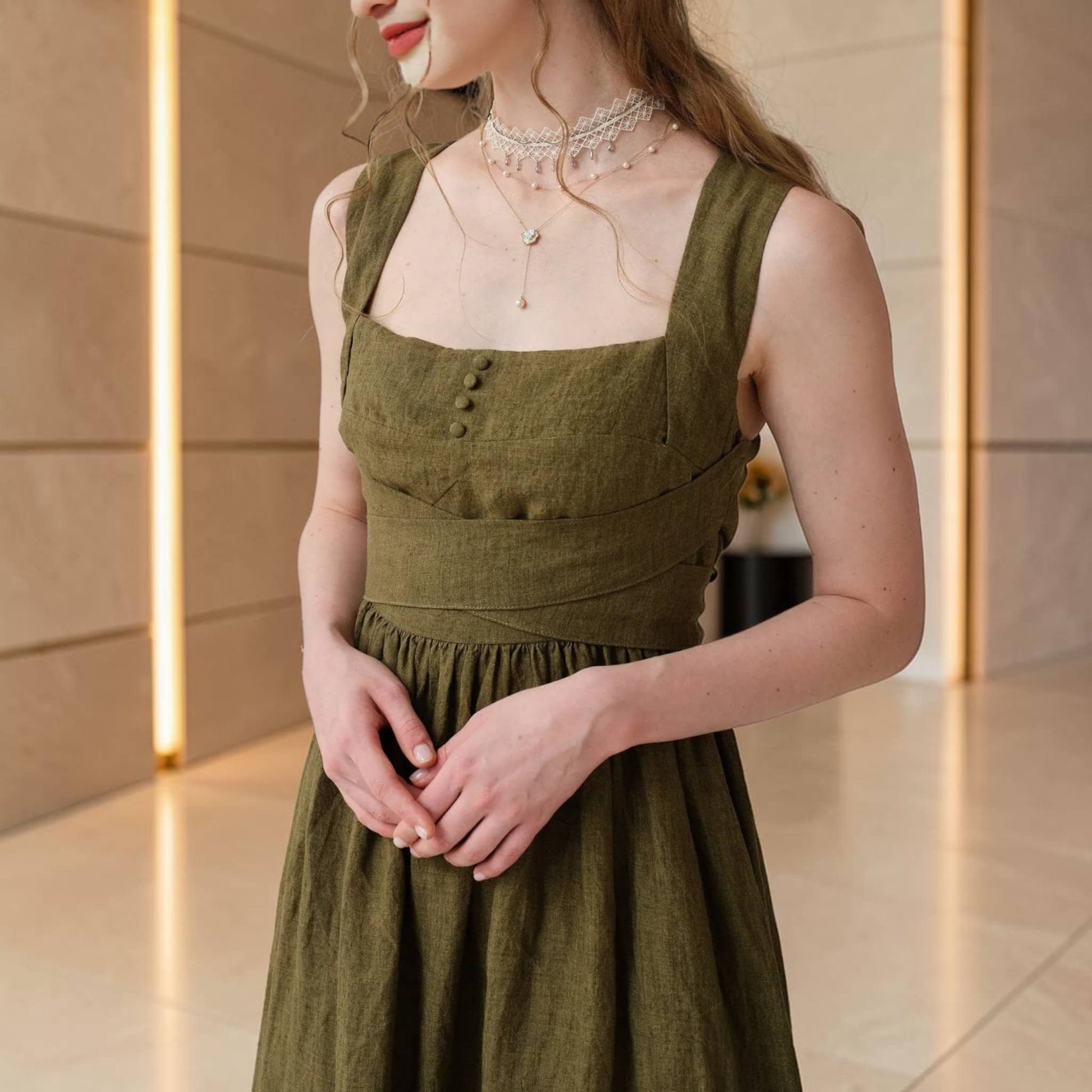 Square-Neck Linen Midi Dress, Cross-Back Tie
