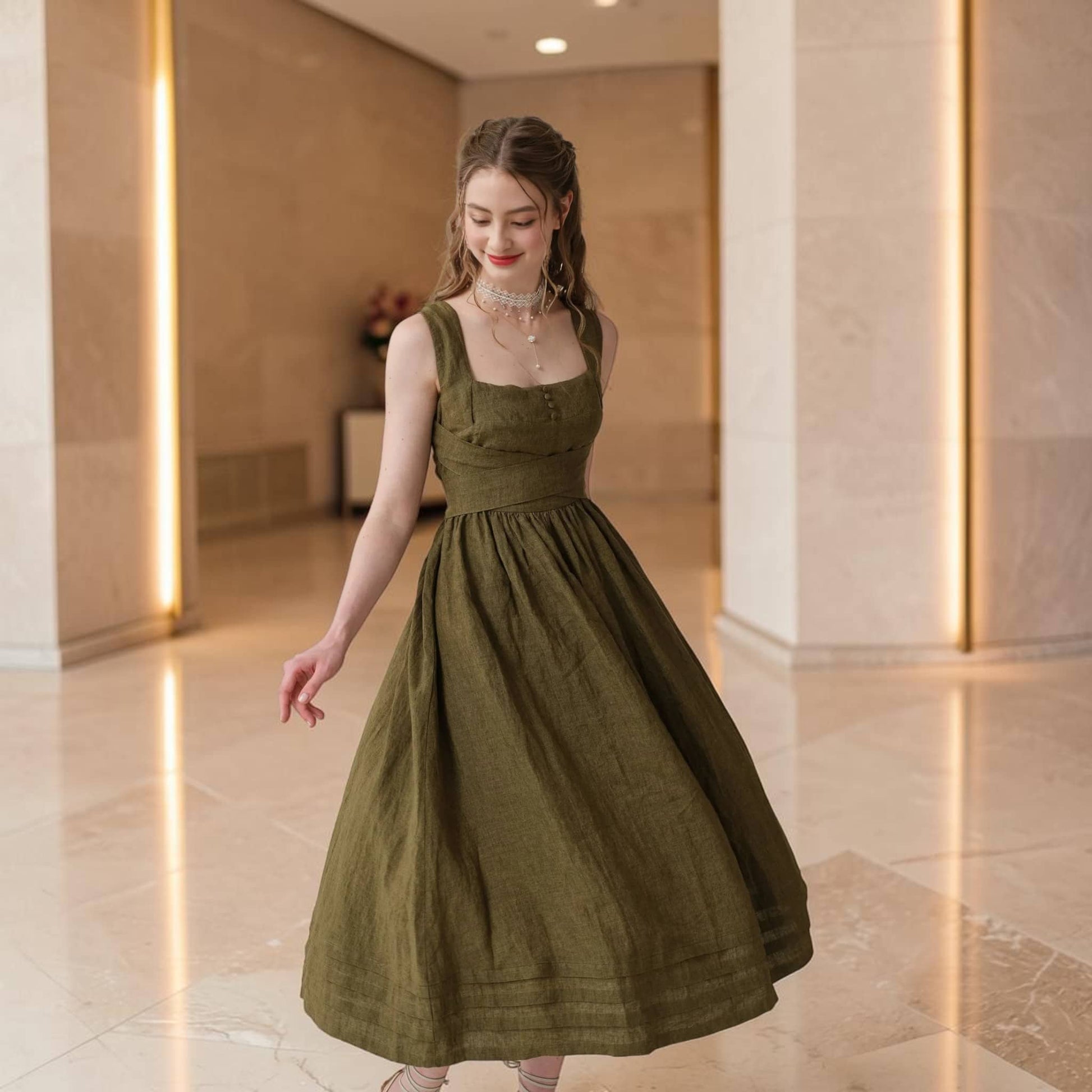 Square-Neck Linen Midi Dress, Cross-Back Tie