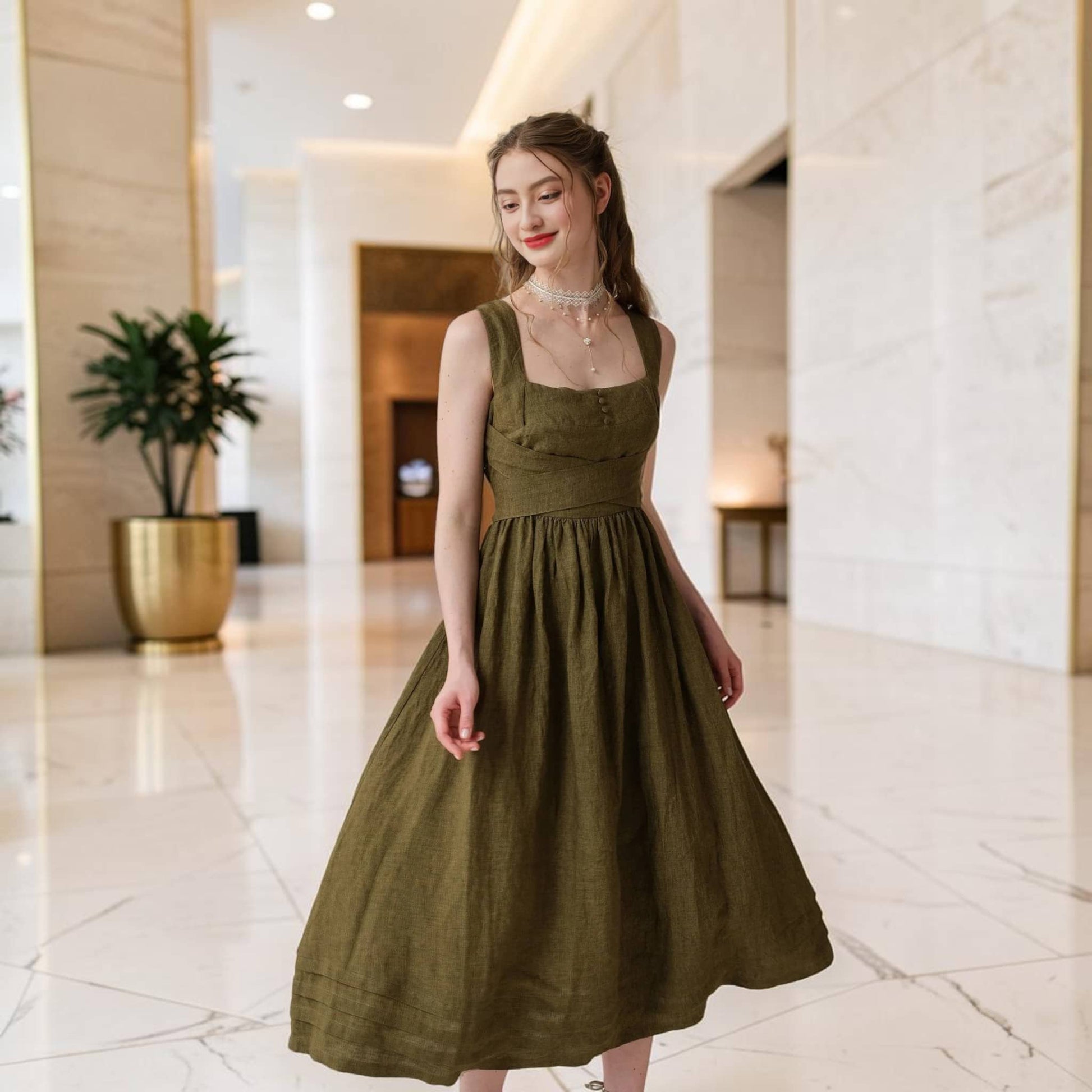 Square-Neck Linen Midi Dress, Cross-Back Tie