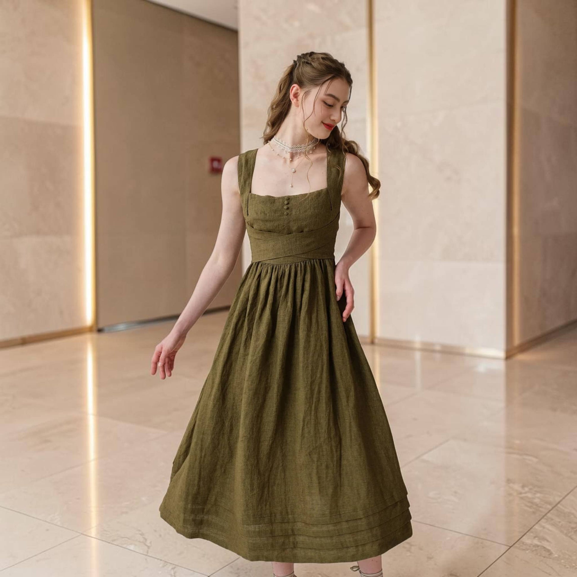 Square-Neck Linen Midi Dress, Cross-Back Tie