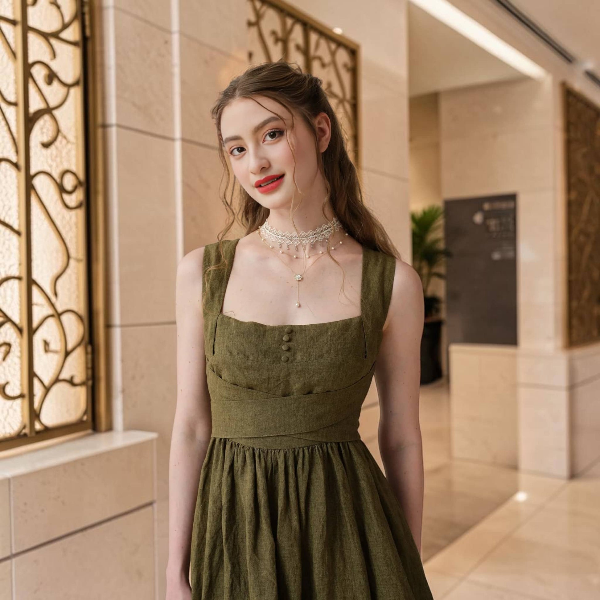 Square-Neck Linen Midi Dress, Cross-Back Tie
