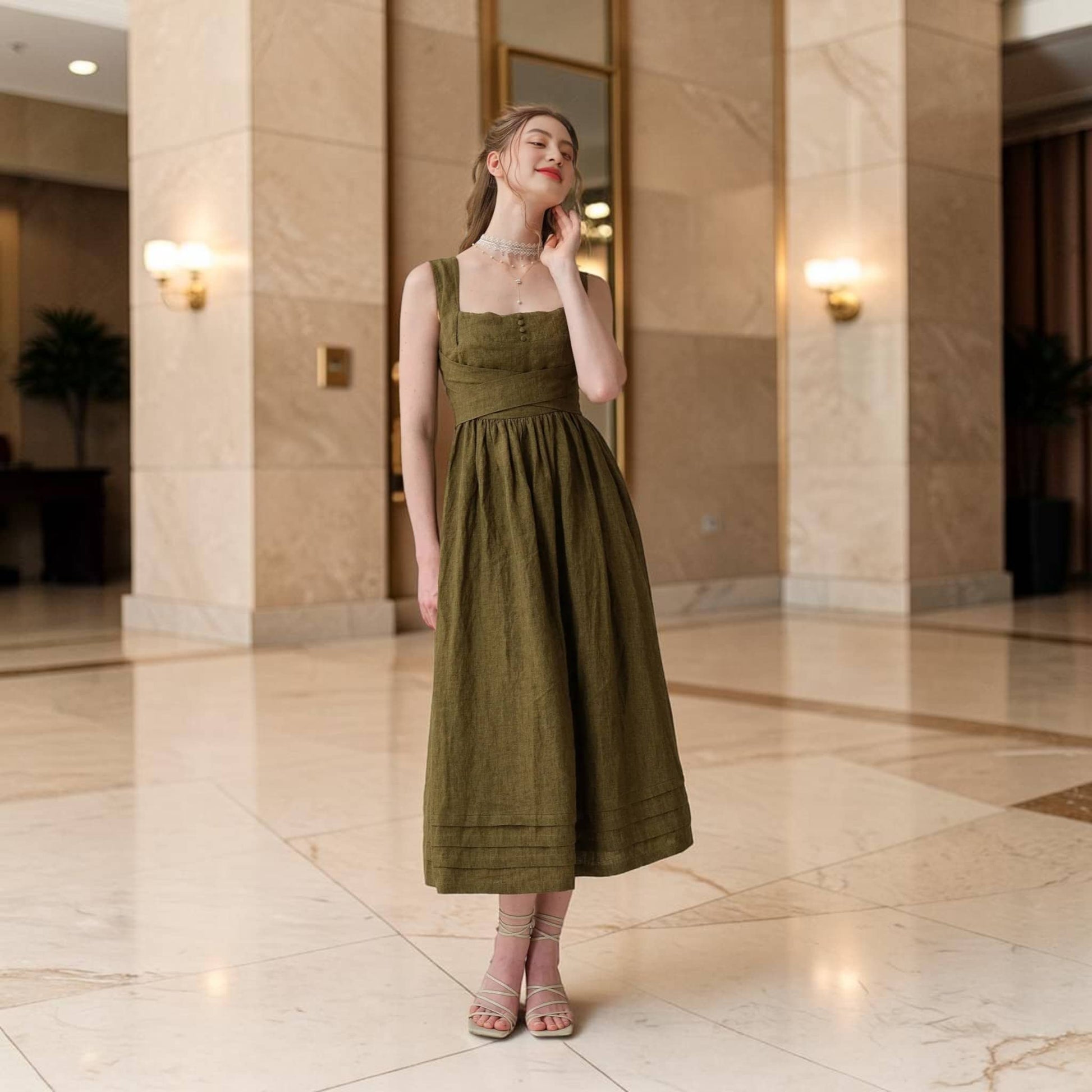 Square-Neck Linen Midi Dress, Cross-Back Tie