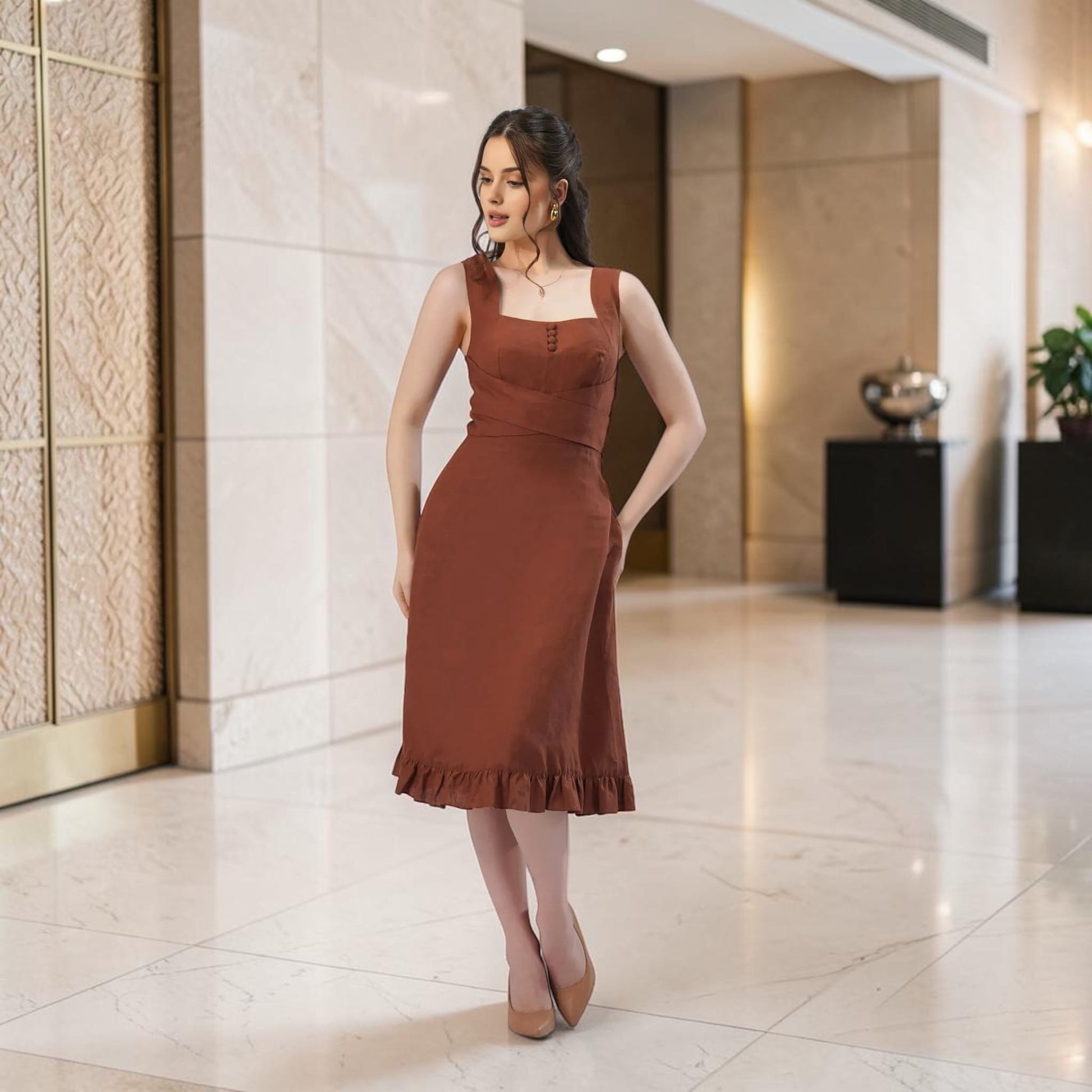 Square Neck Linen Midi Dress, Cross Waist Ruffle Hem