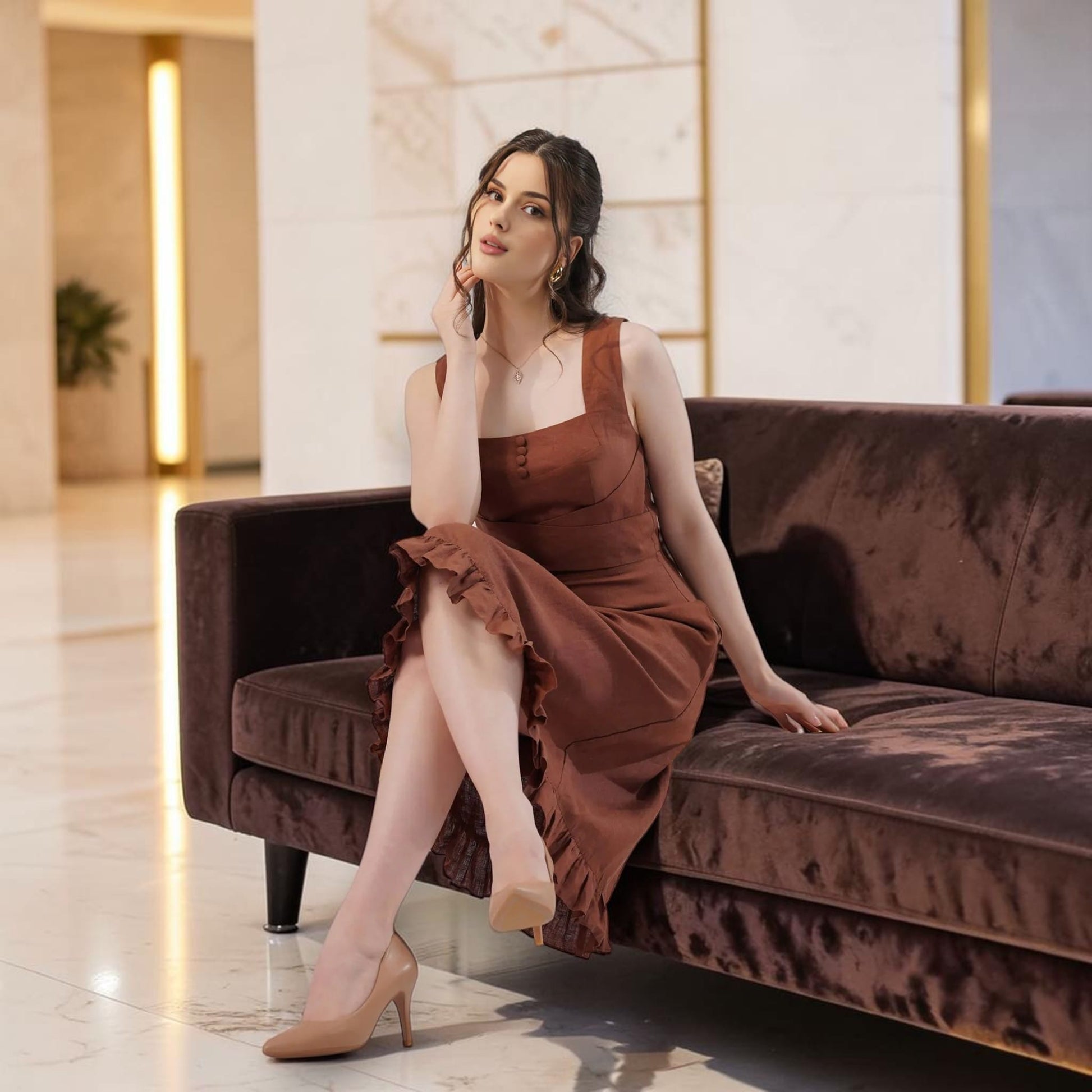 Square Neck Linen Midi Dress, Cross Waist Ruffle Hem