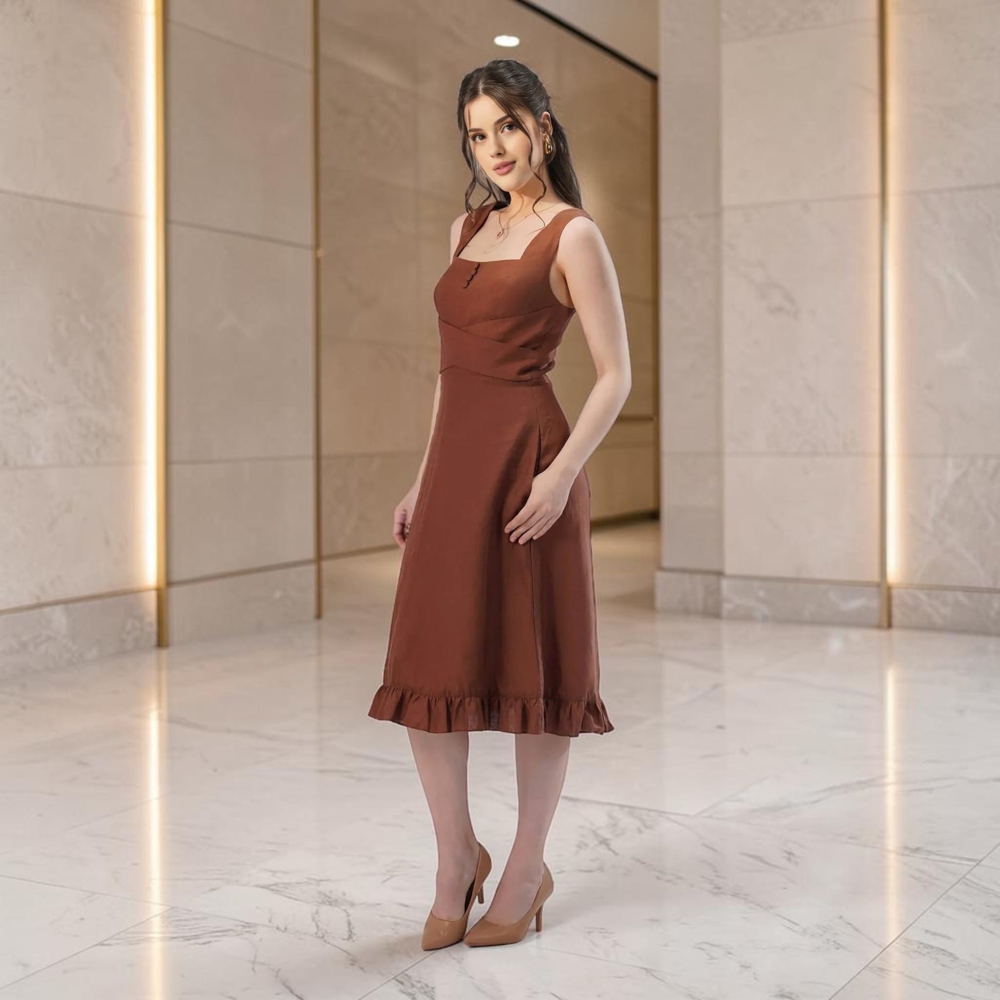 Square Neck Linen Midi Dress, Cross Waist Ruffle Hem