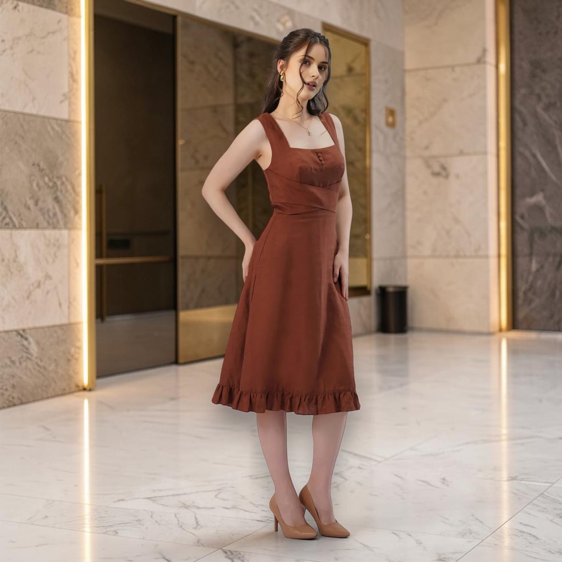 Square Neck Linen Midi Dress, Cross Waist Ruffle Hem