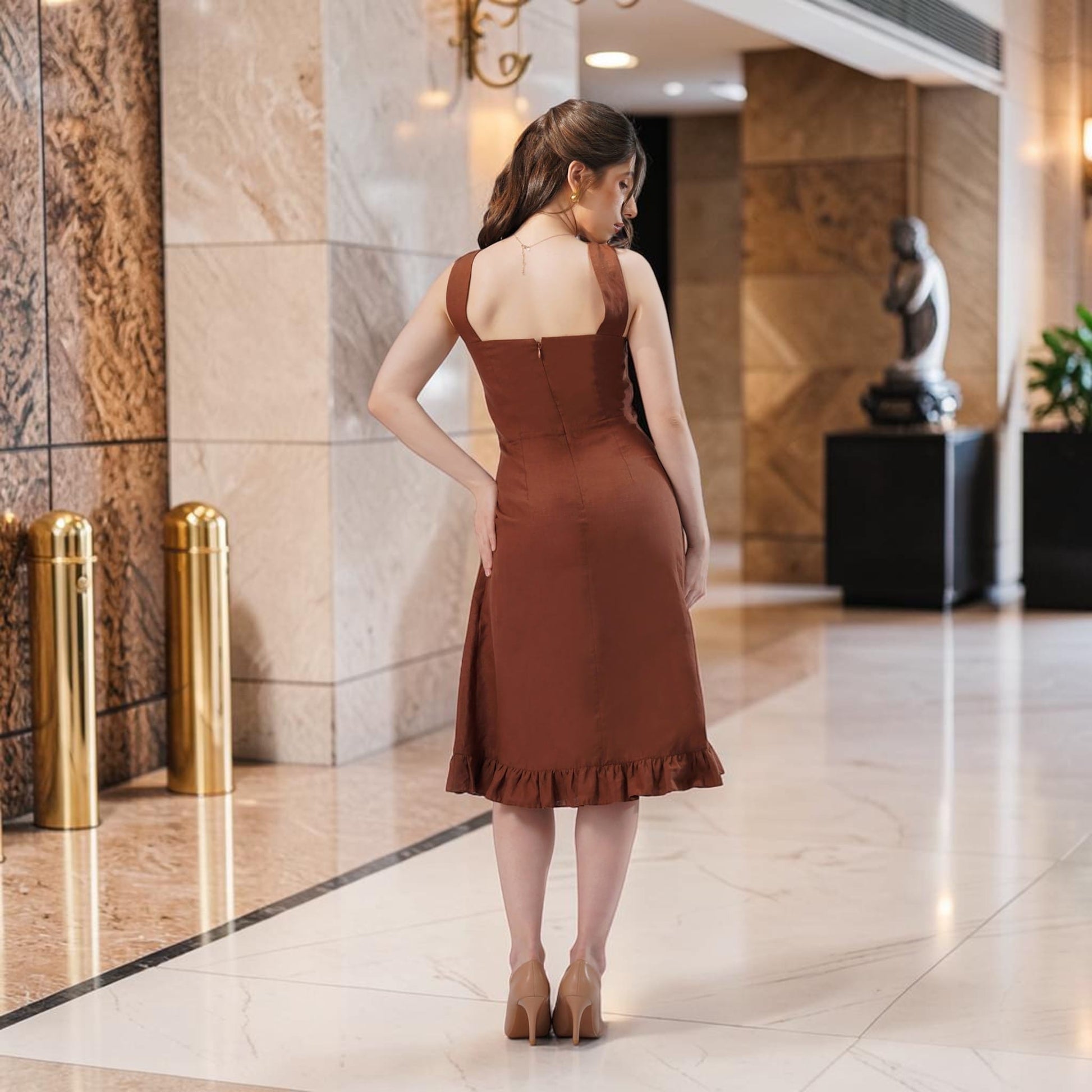 Square Neck Linen Midi Dress, Cross Waist Ruffle Hem
