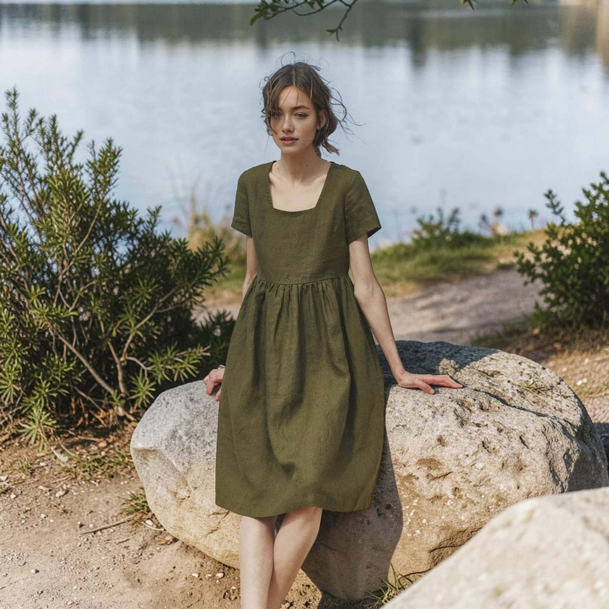 Square Neck Linen Midi Dress, Short Sleeve A Line 