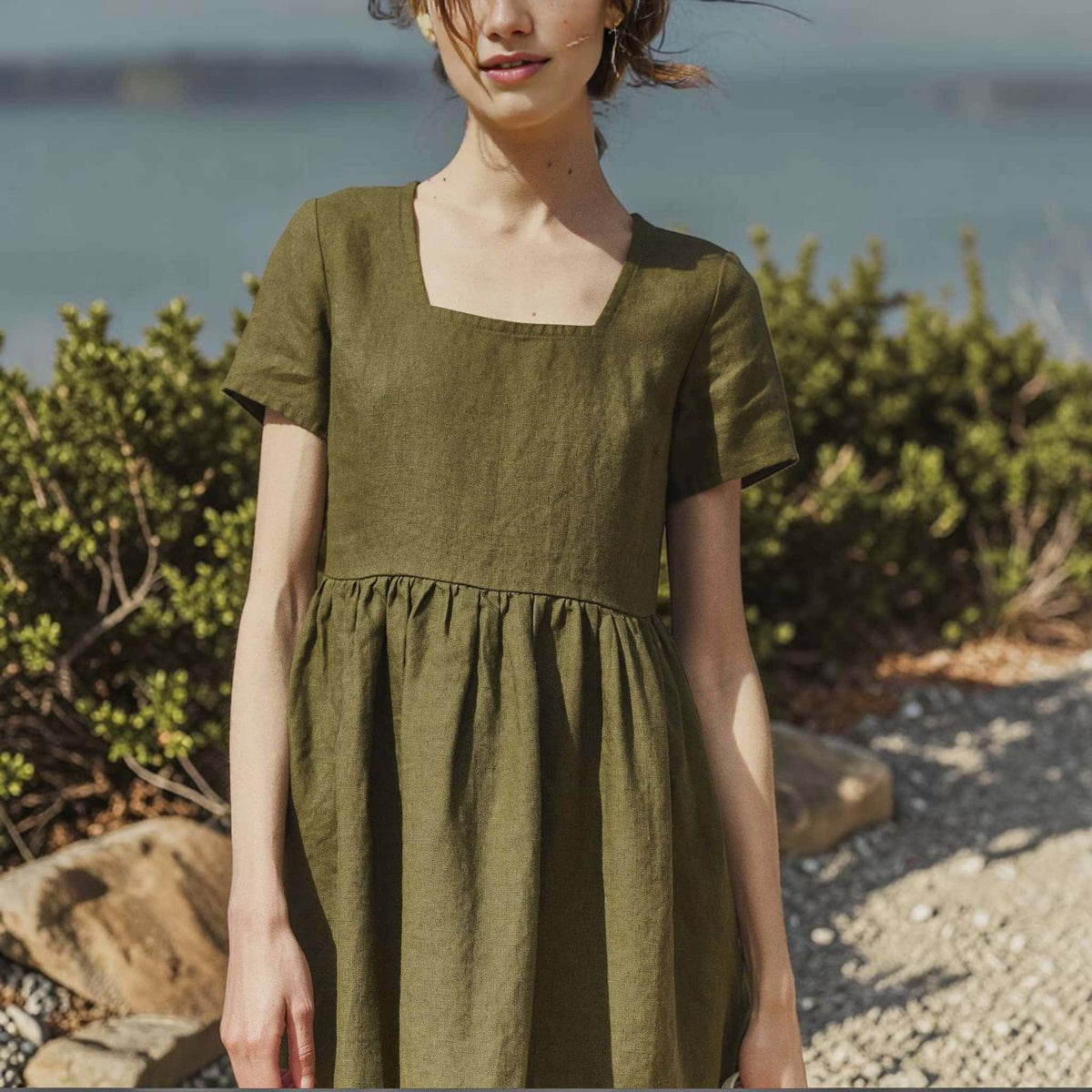 Square Neck Linen Midi Dress, Short Sleeve A Line 