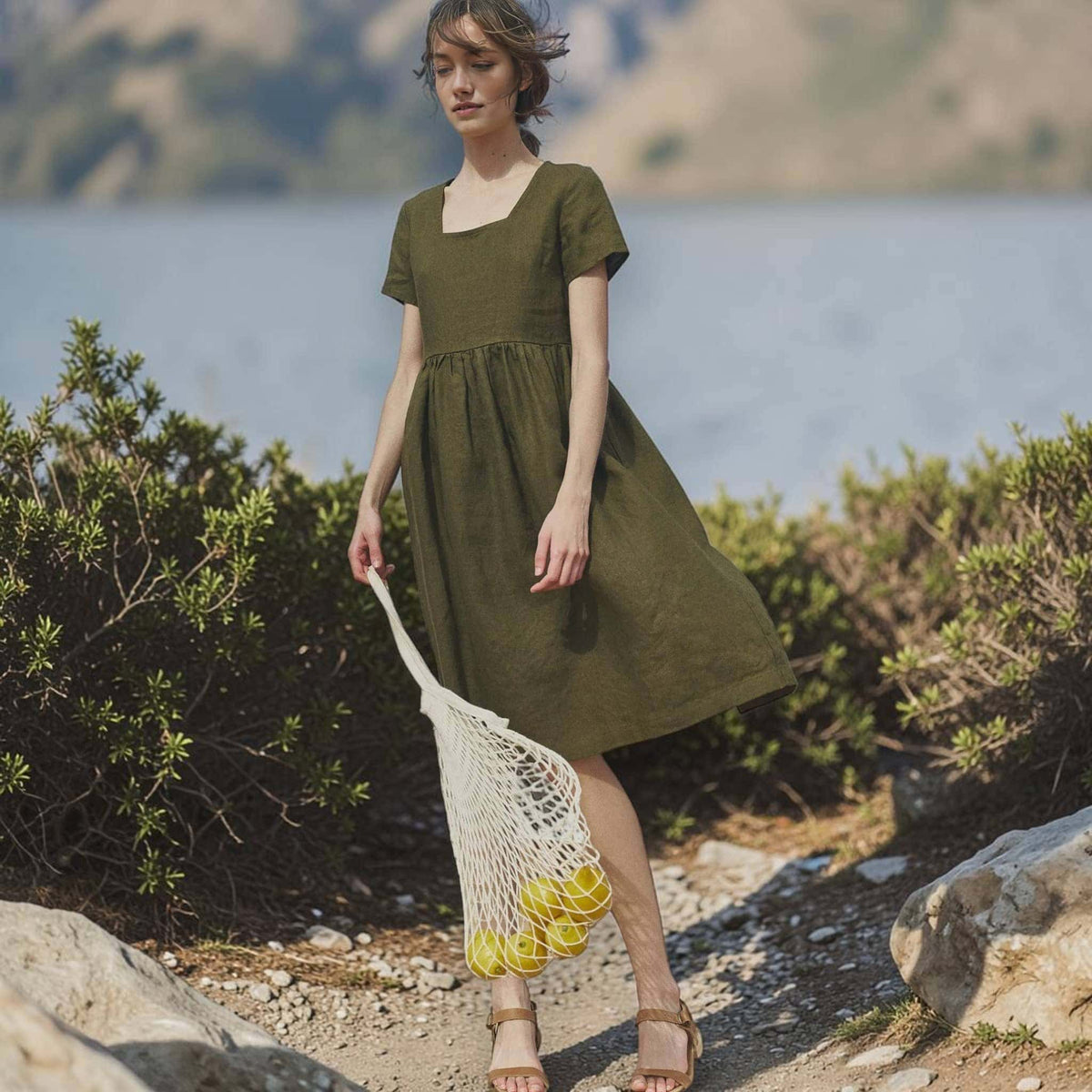 Square Neck Linen Midi Dress, Short Sleeve A Line 