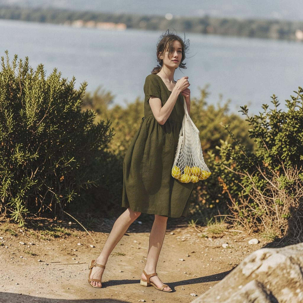 Square Neck Linen Midi Dress, Short Sleeve A Line 