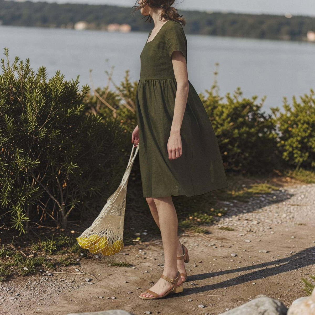 Square Neck Linen Midi Dress, Short Sleeve A Line 