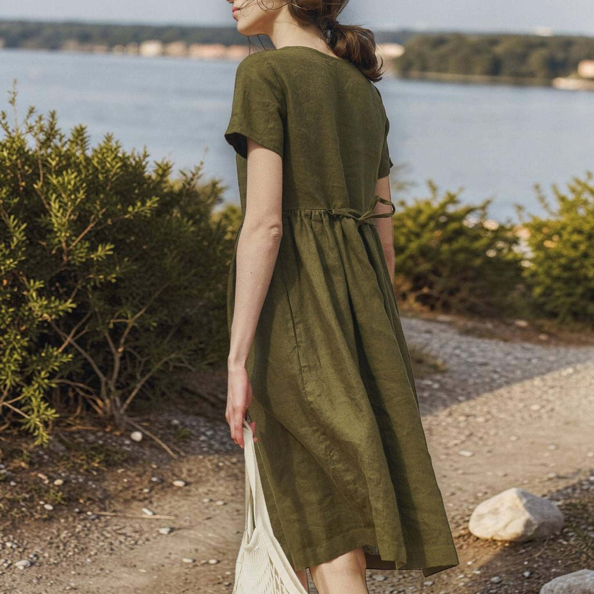 Square Neck Linen Midi Dress, Short Sleeve A Line 