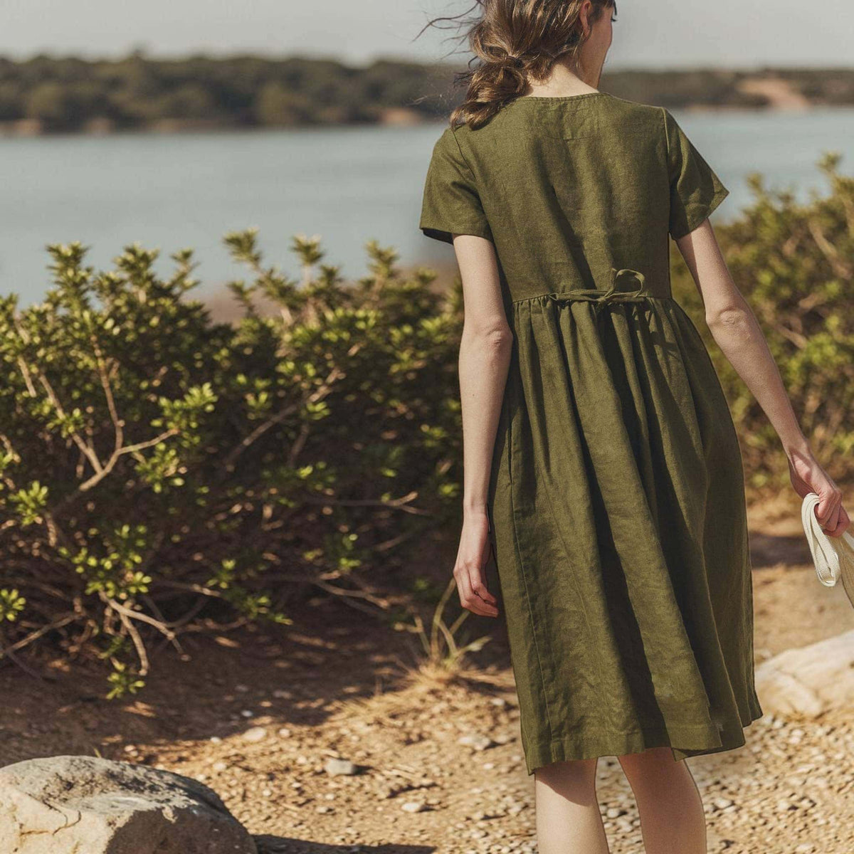 Square Neck Linen Midi Dress, Short Sleeve A Line 