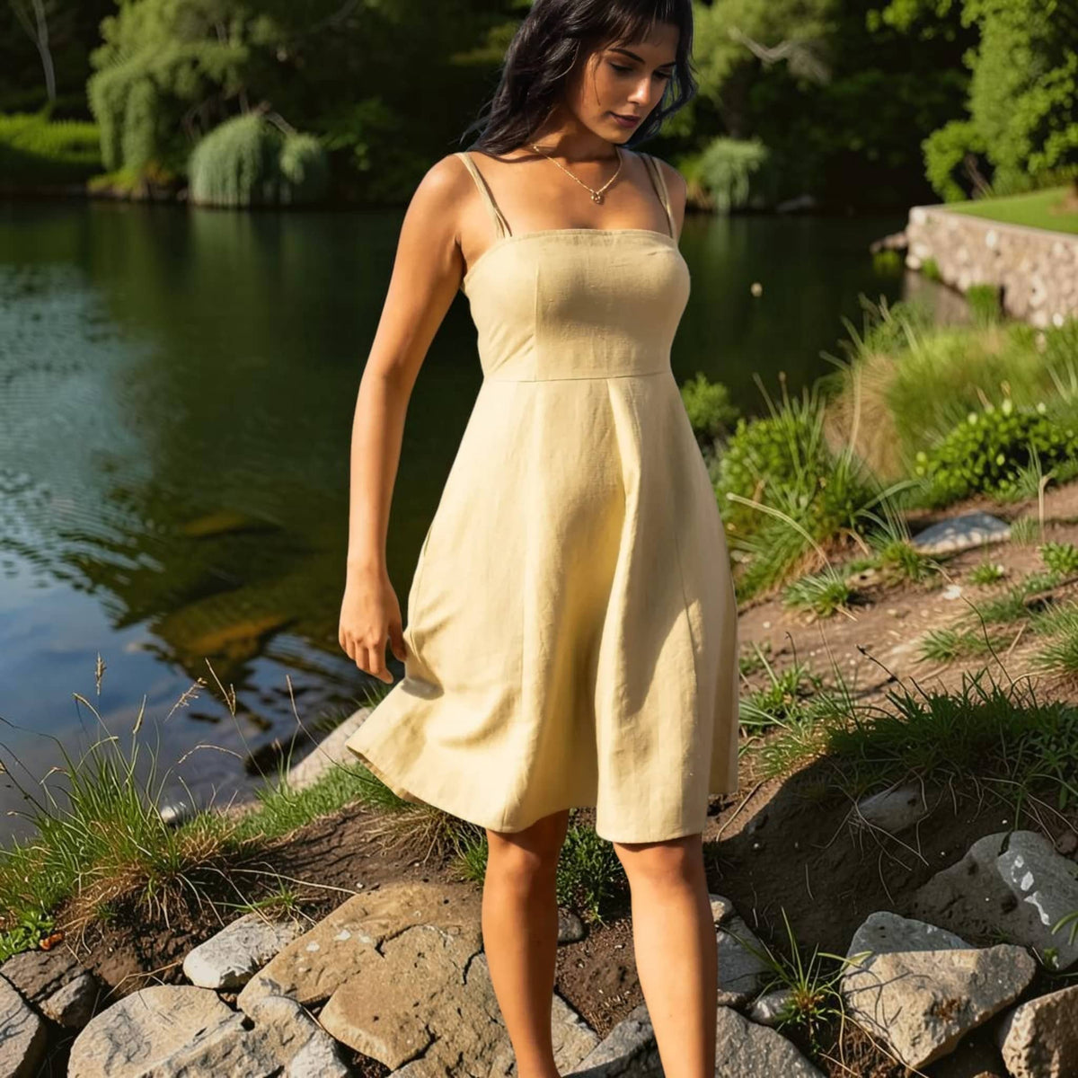 Square Neck Linen Midi Dress, Slim Straps Fit and Flare