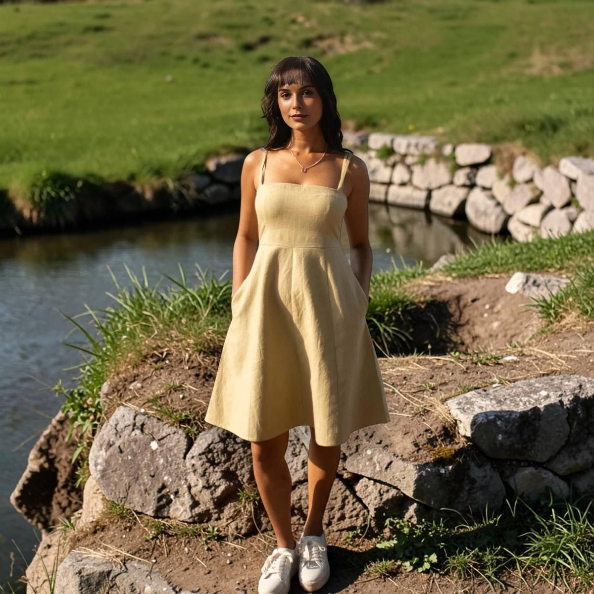 Square Neck Linen Midi Dress, Slim Straps Fit and Flare
