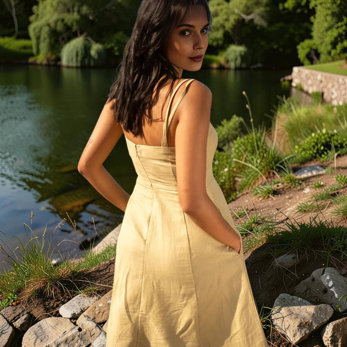 Square Neck Linen Midi Dress, Slim Straps Fit and Flare