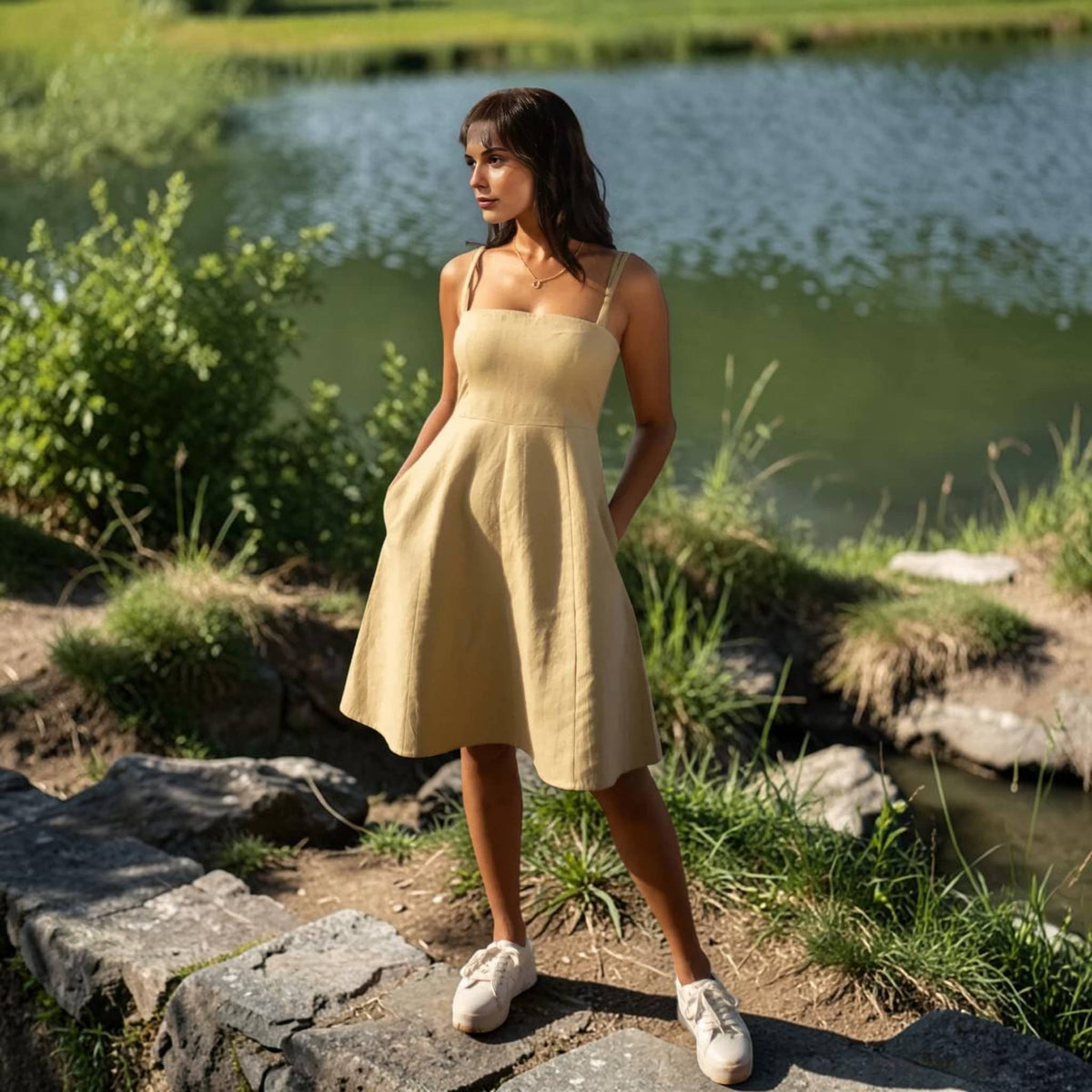 Square Neck Linen Midi Dress, Slim Straps Fit and Flare