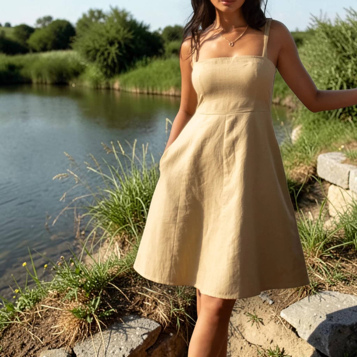 Square Neck Linen Midi Dress, Slim Straps Fit and Flare
