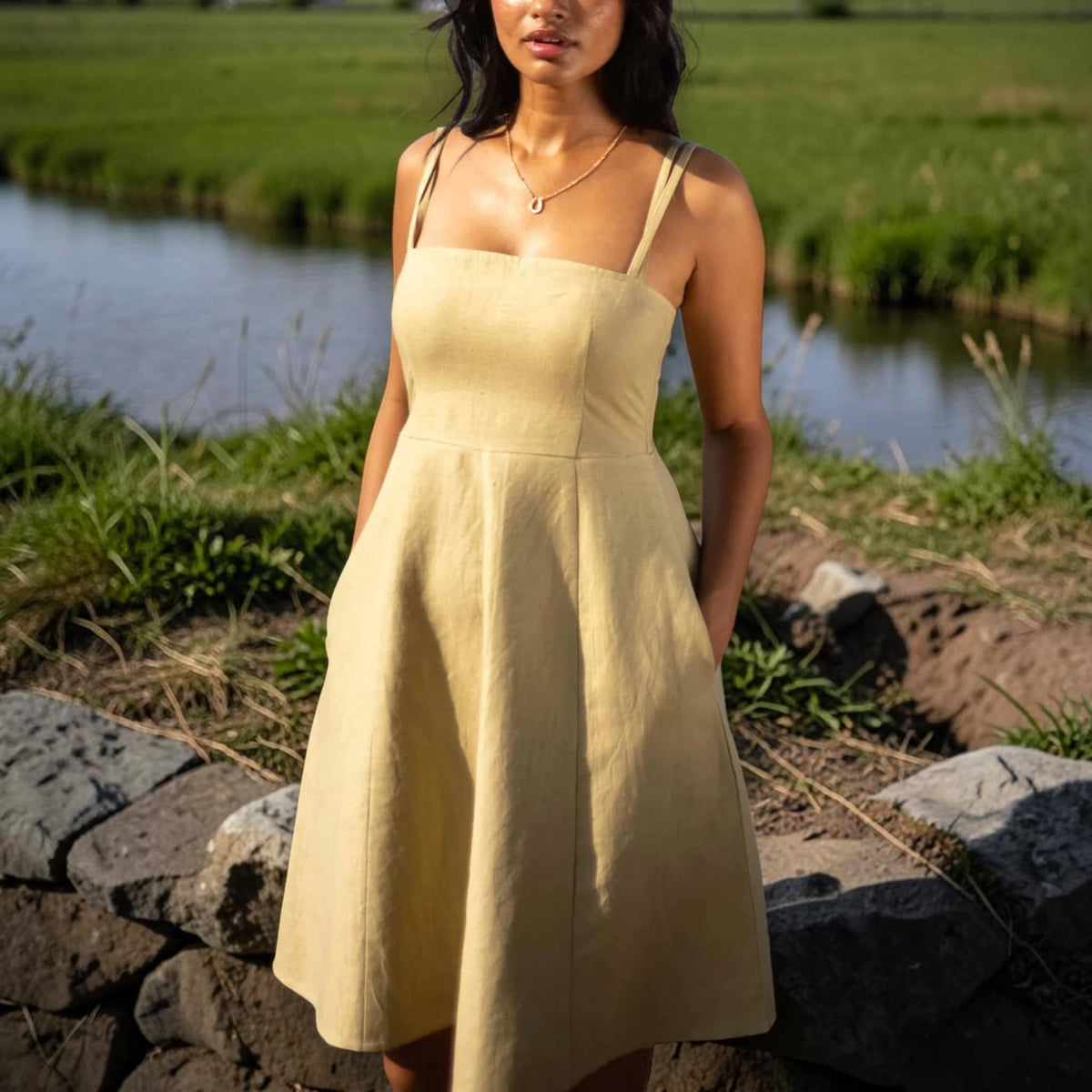 Square Neck Linen Midi Dress, Slim Straps Fit and Flare