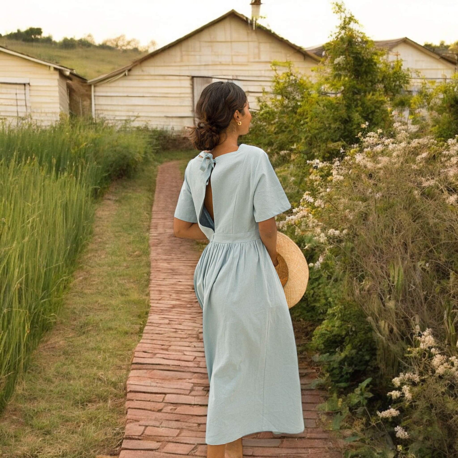 Square Neck Linen Midi Dress, Tie Back Midi Dress