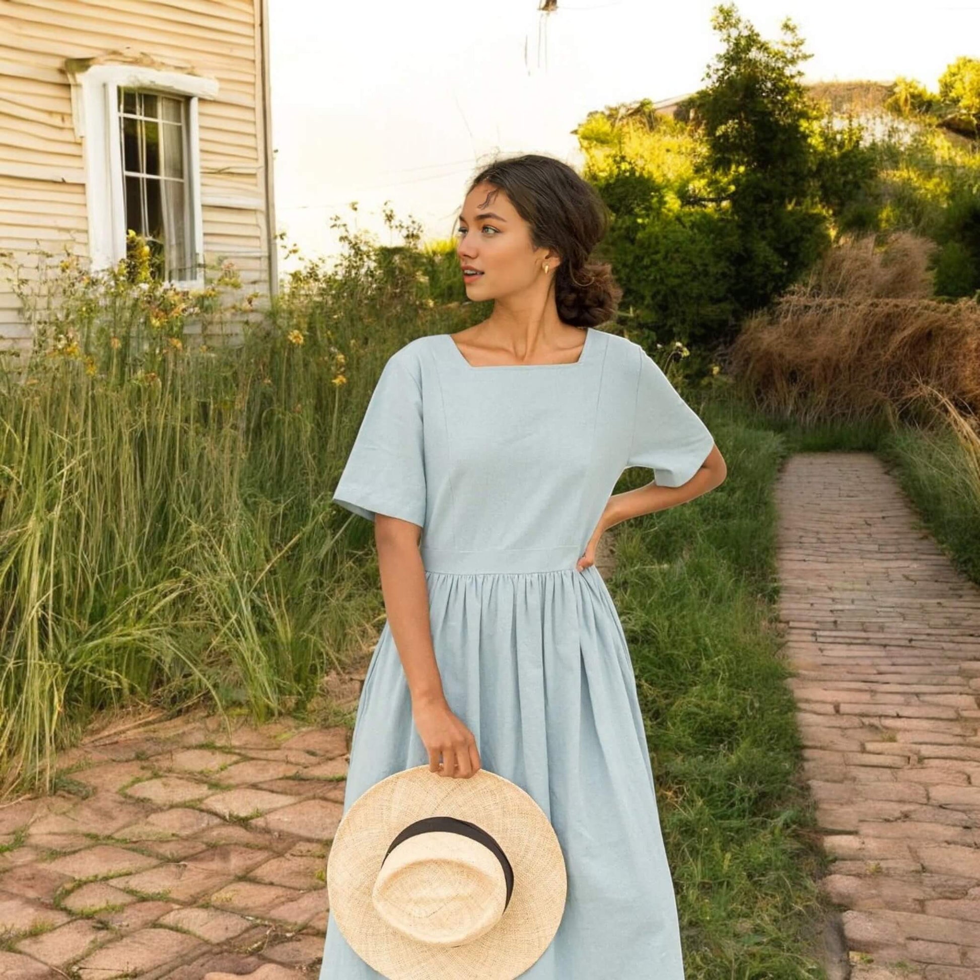 Square Neck Linen Midi Dress, Tie Back Midi Dress