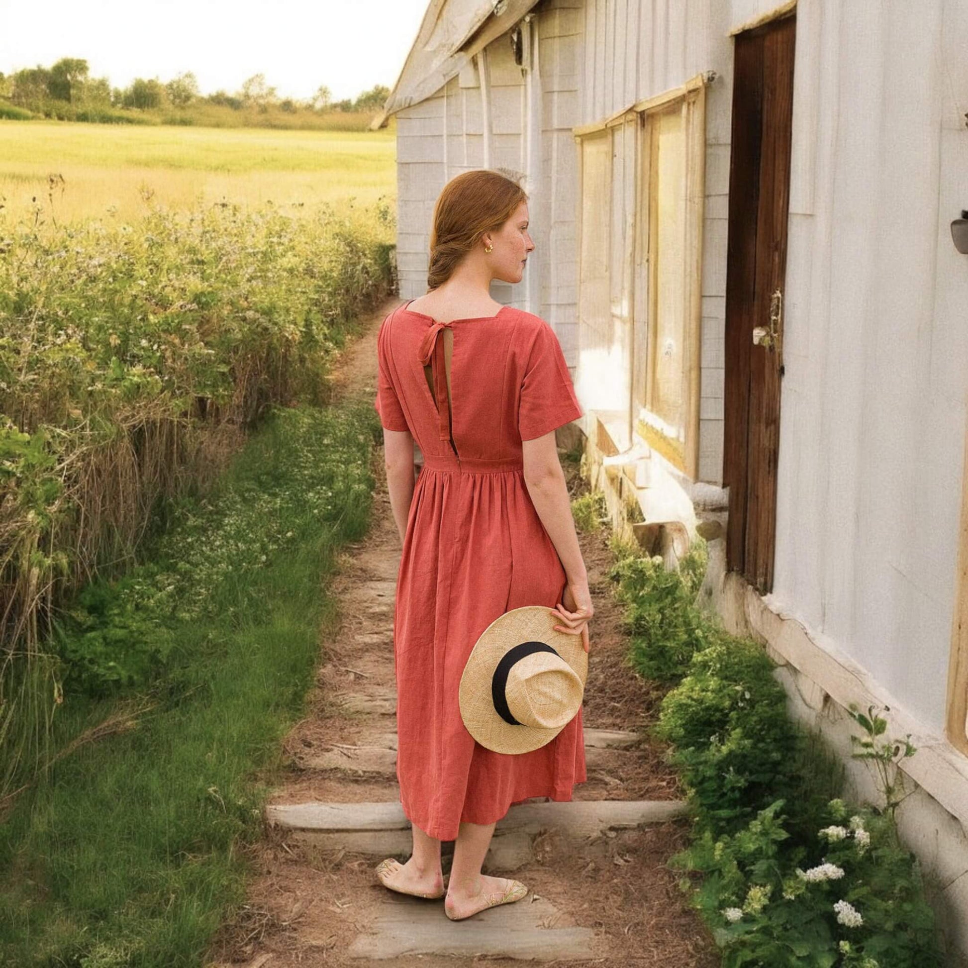 Square Neck Linen Midi Dress, Tie Back Midi Dress