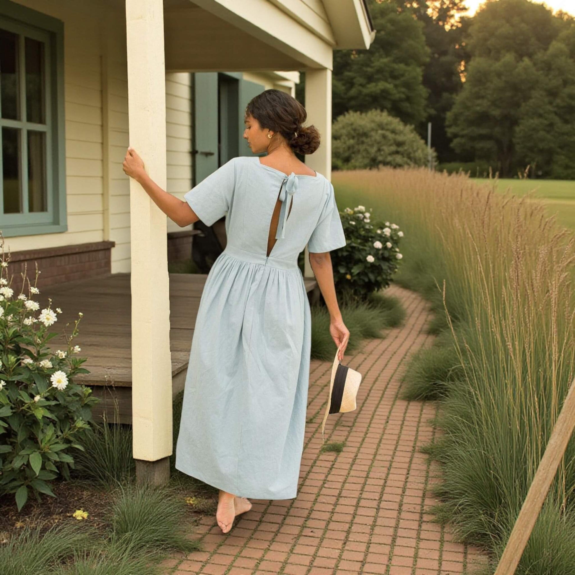 Square Neck Linen Midi Dress, Tie Back Midi Dress