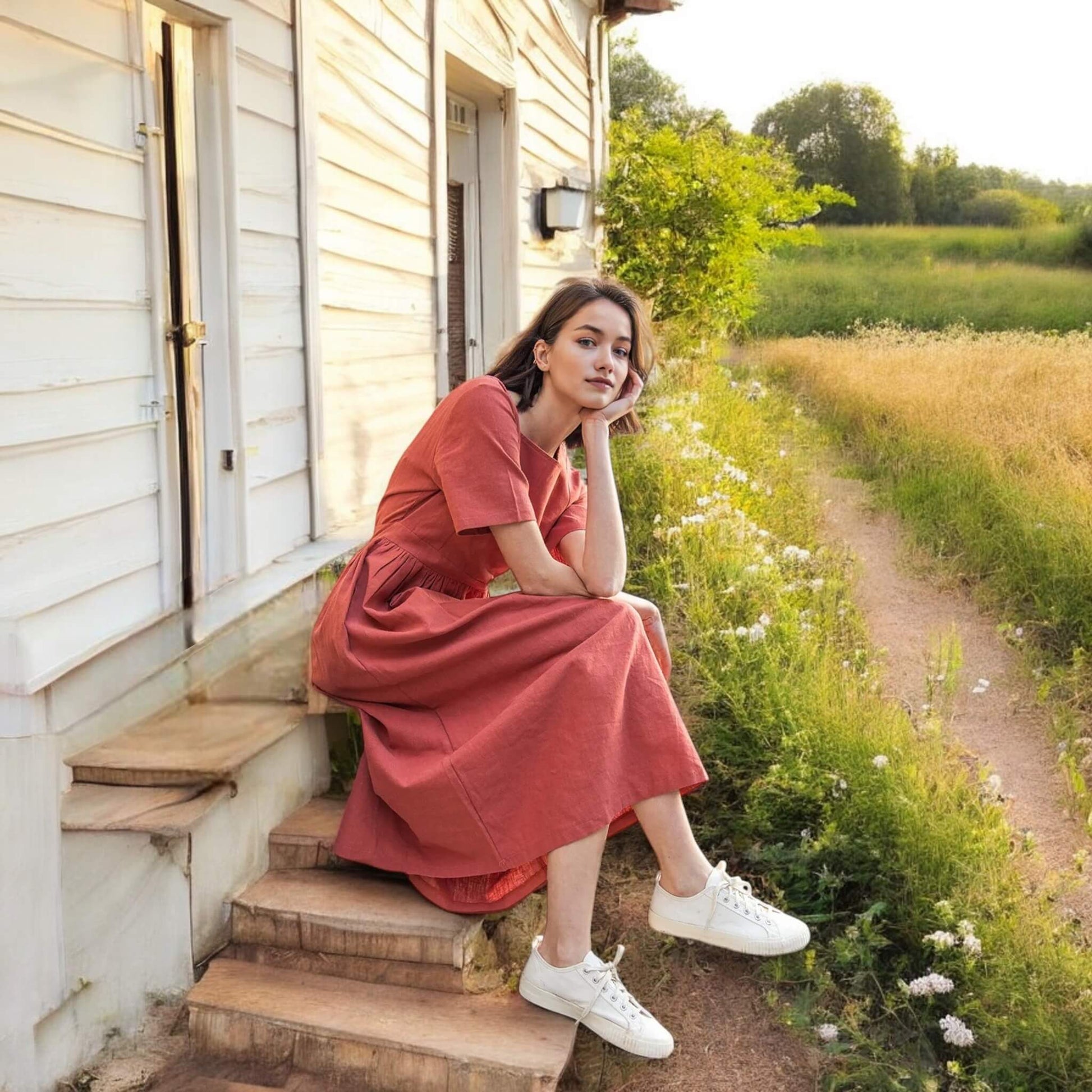 Square Neck Linen Midi Dress, Tie Back Midi Dress