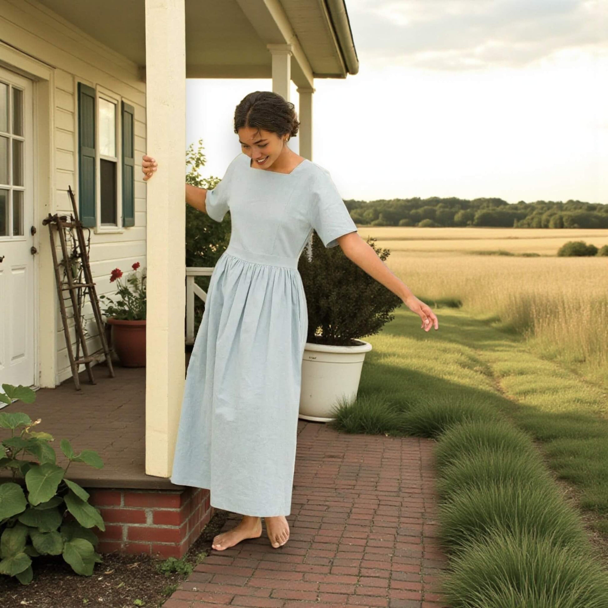 Square Neck Linen Midi Dress, Tie Back Midi Dress