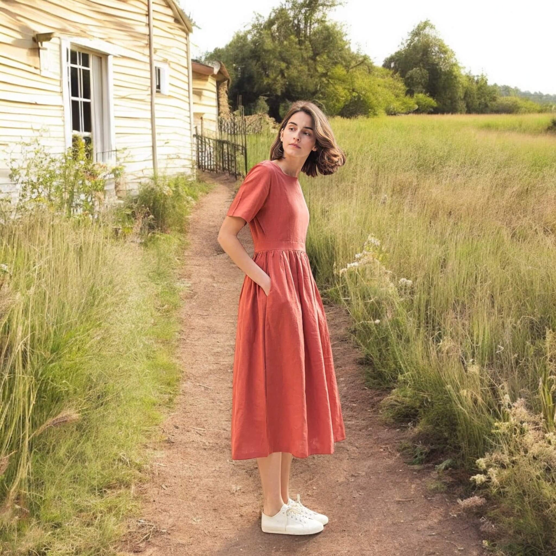 Square Neck Linen Midi Dress, Tie Back Midi Dress