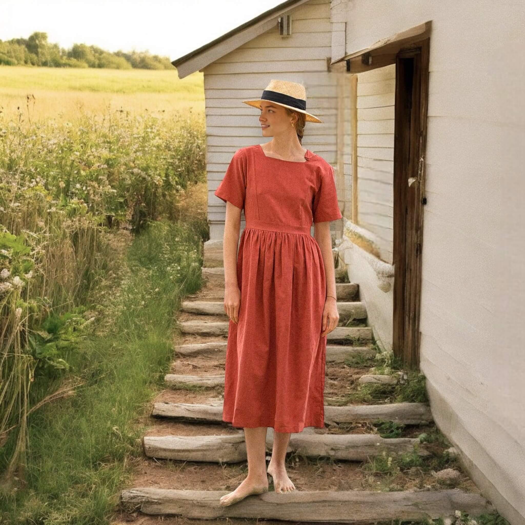 Square Neck Linen Midi Dress, Tie Back Midi Dress