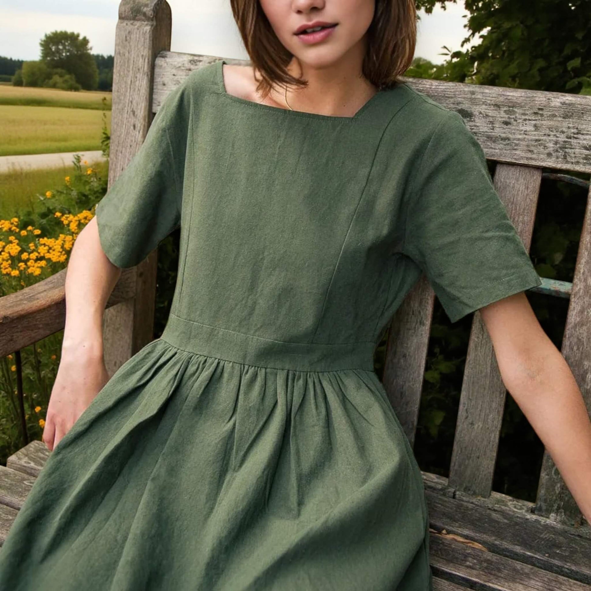 Square Neck Linen Midi Dress, Tie Back Midi Dress