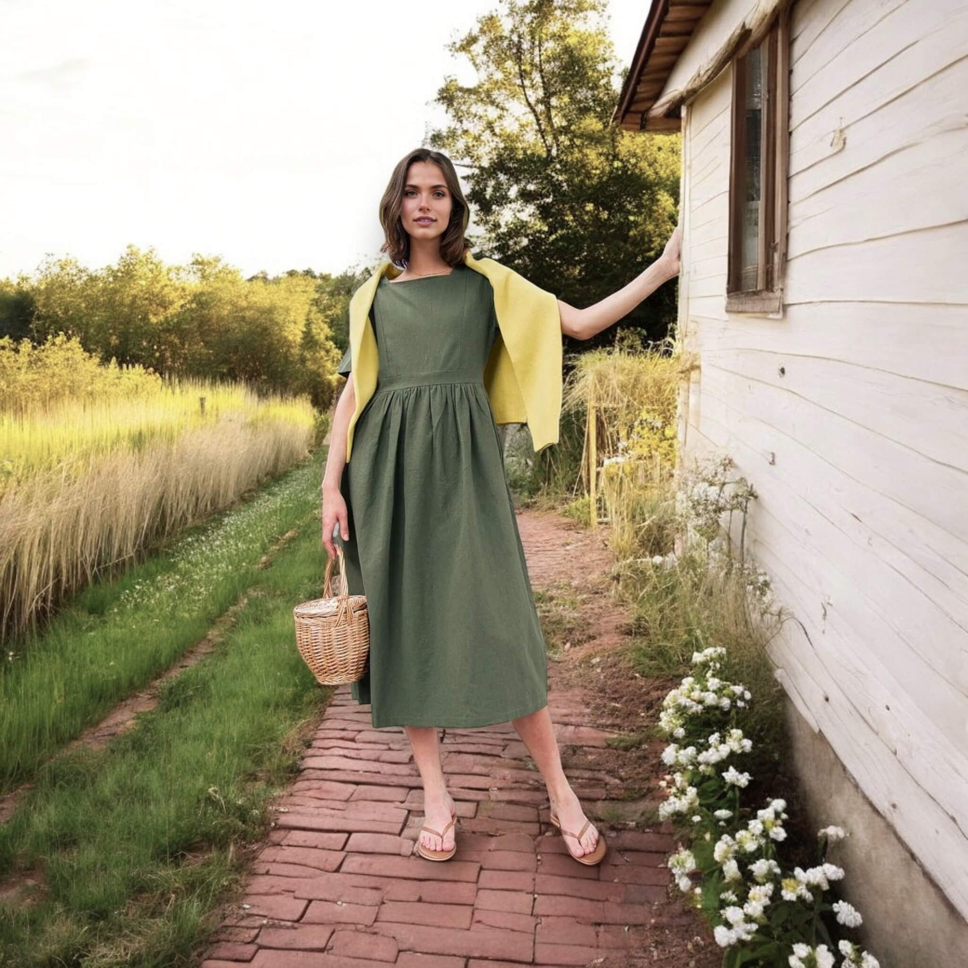 Square Neck Linen Midi Dress, Tie Back Midi Dress