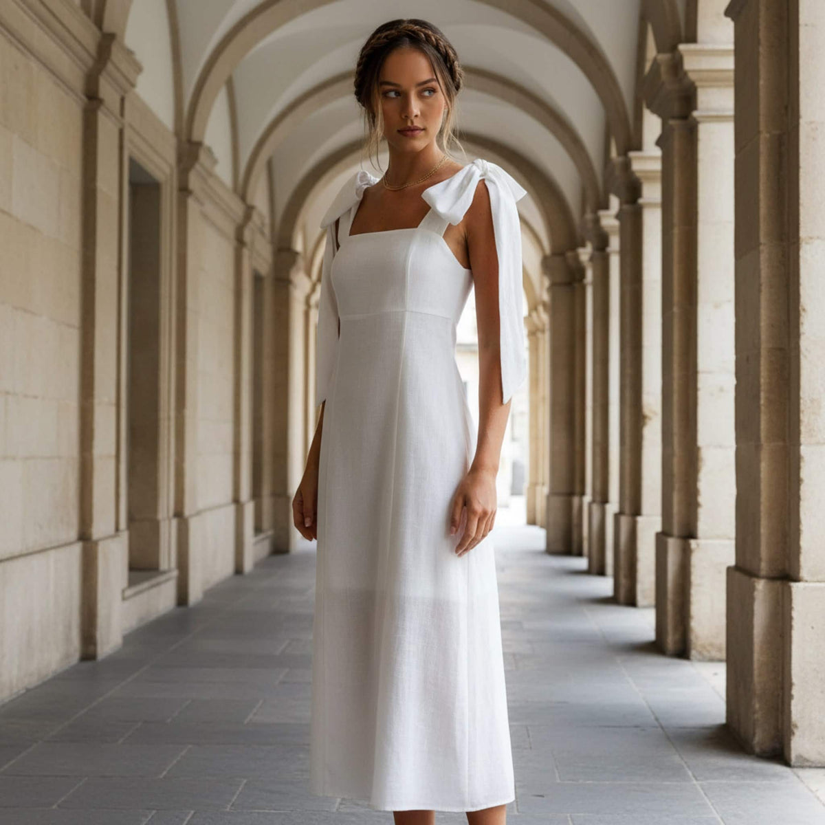 Square Neck Linen Midi Dress, Tie Shoulder Midi Dress