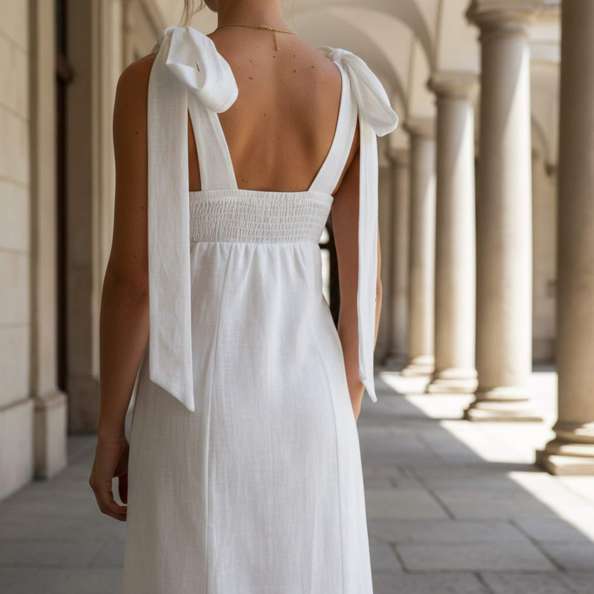 Square Neck Linen Midi Dress, Tie Shoulder Midi Dress
