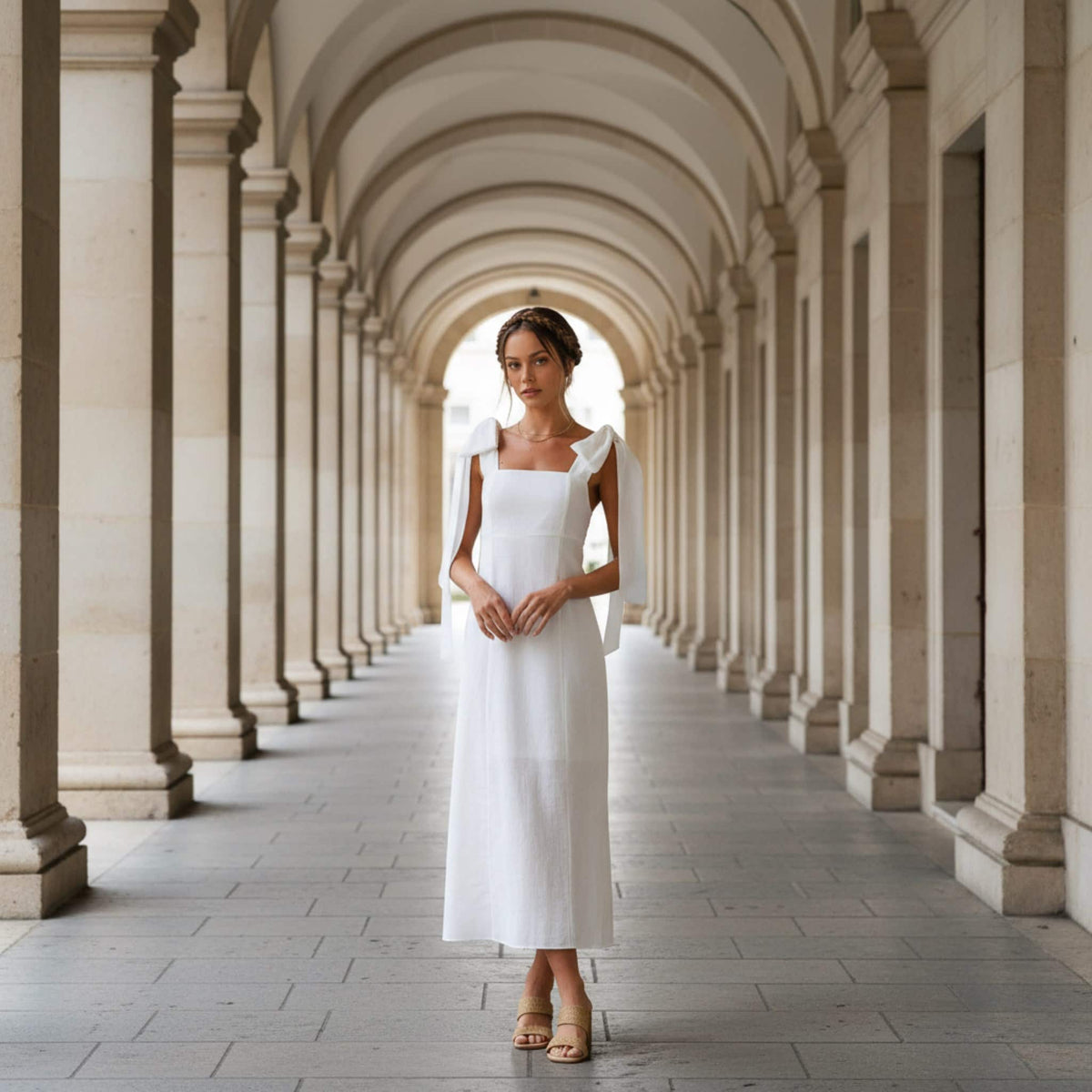 Square Neck Linen Midi Dress, Tie Shoulder Midi Dress