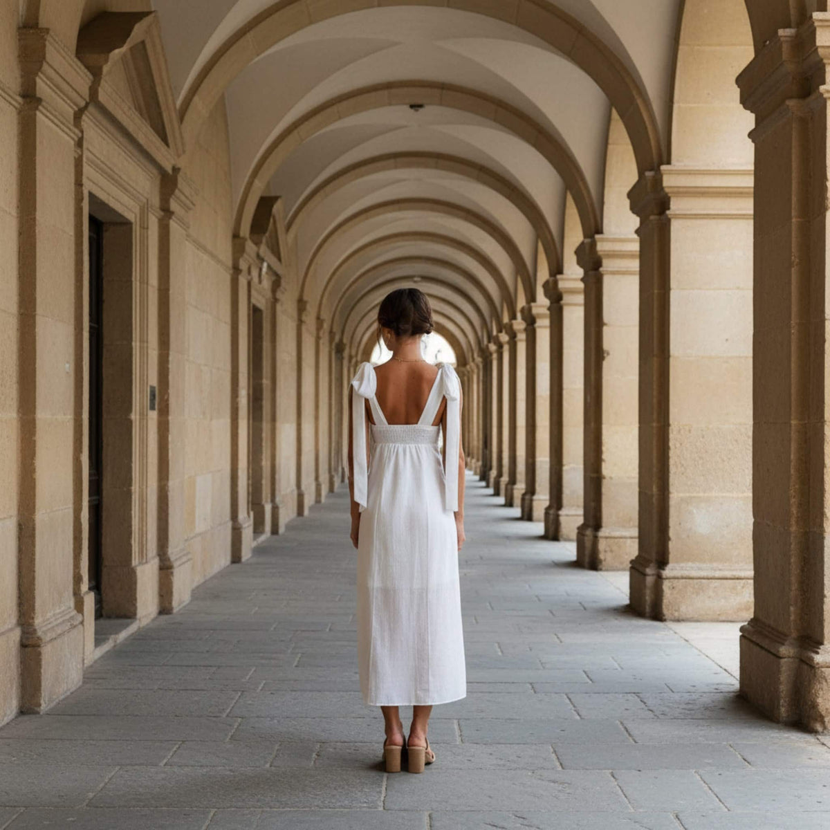 Square Neck Linen Midi Dress, Tie Shoulder Midi Dress